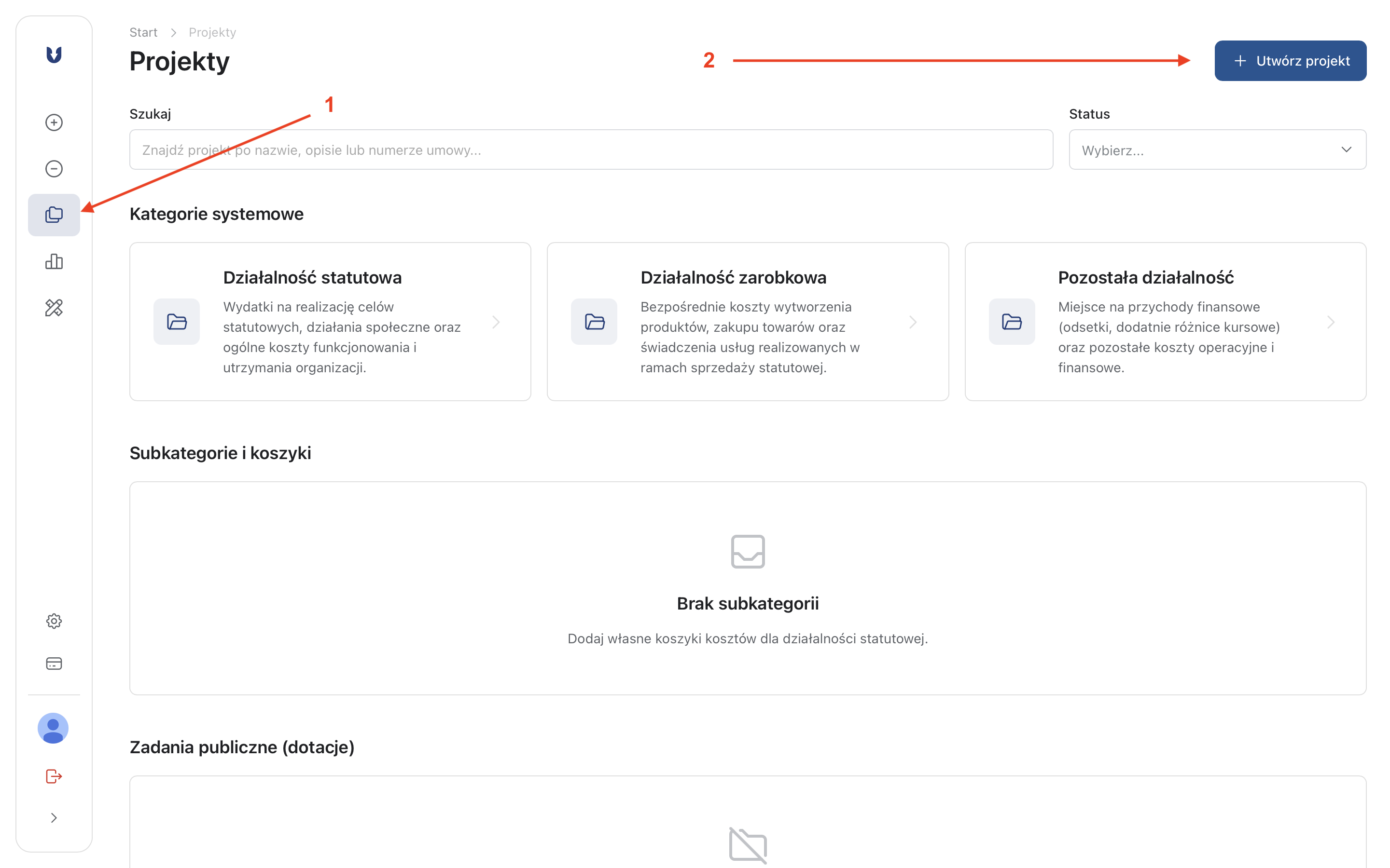 Instrukcja przejścia do opcji tworzenia projektu