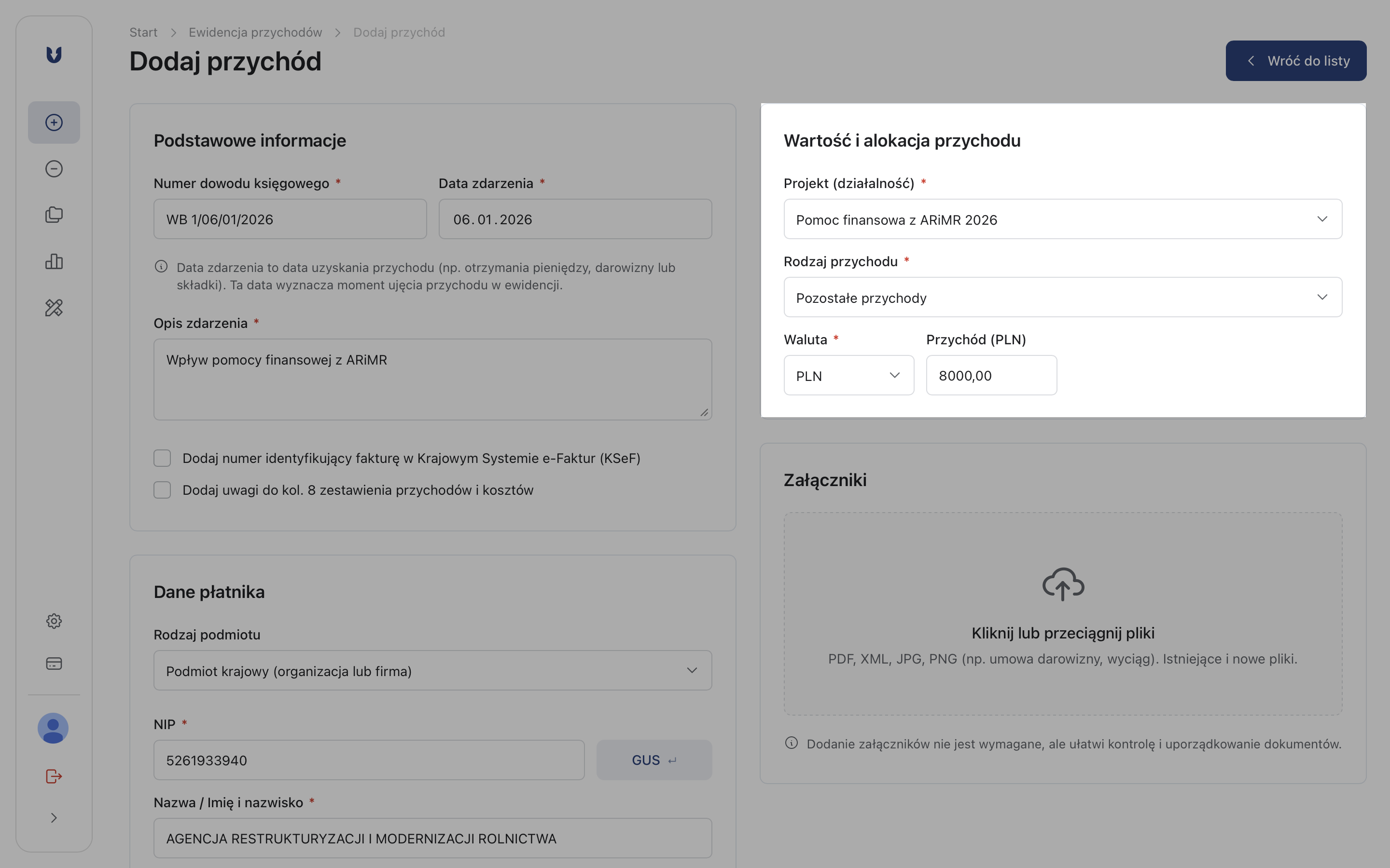 Dodawanie wpływu pomocy finansowej z ARiMR
