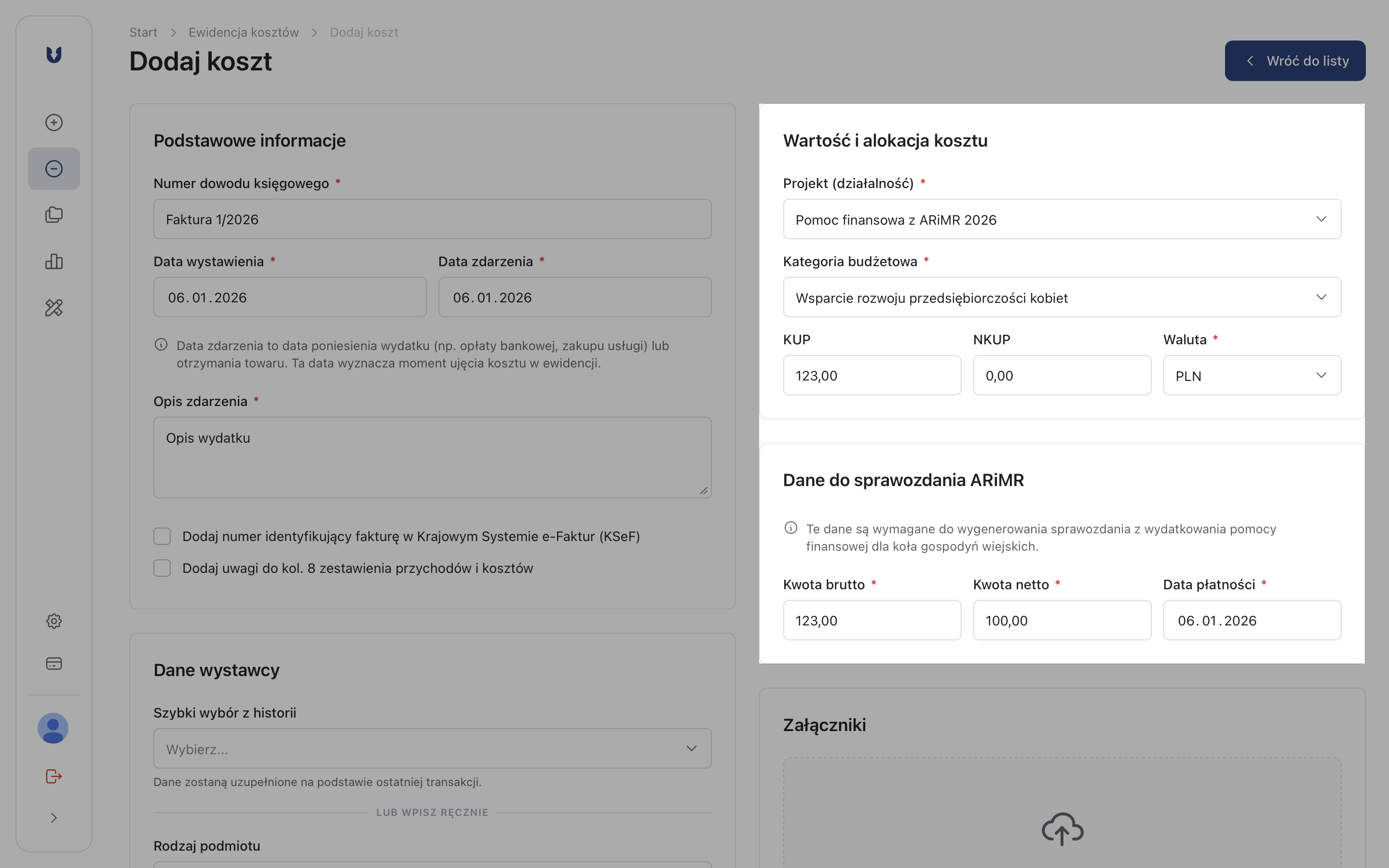 Dodanie transakcji sfinansowanej pomocą finansową z ARiMR