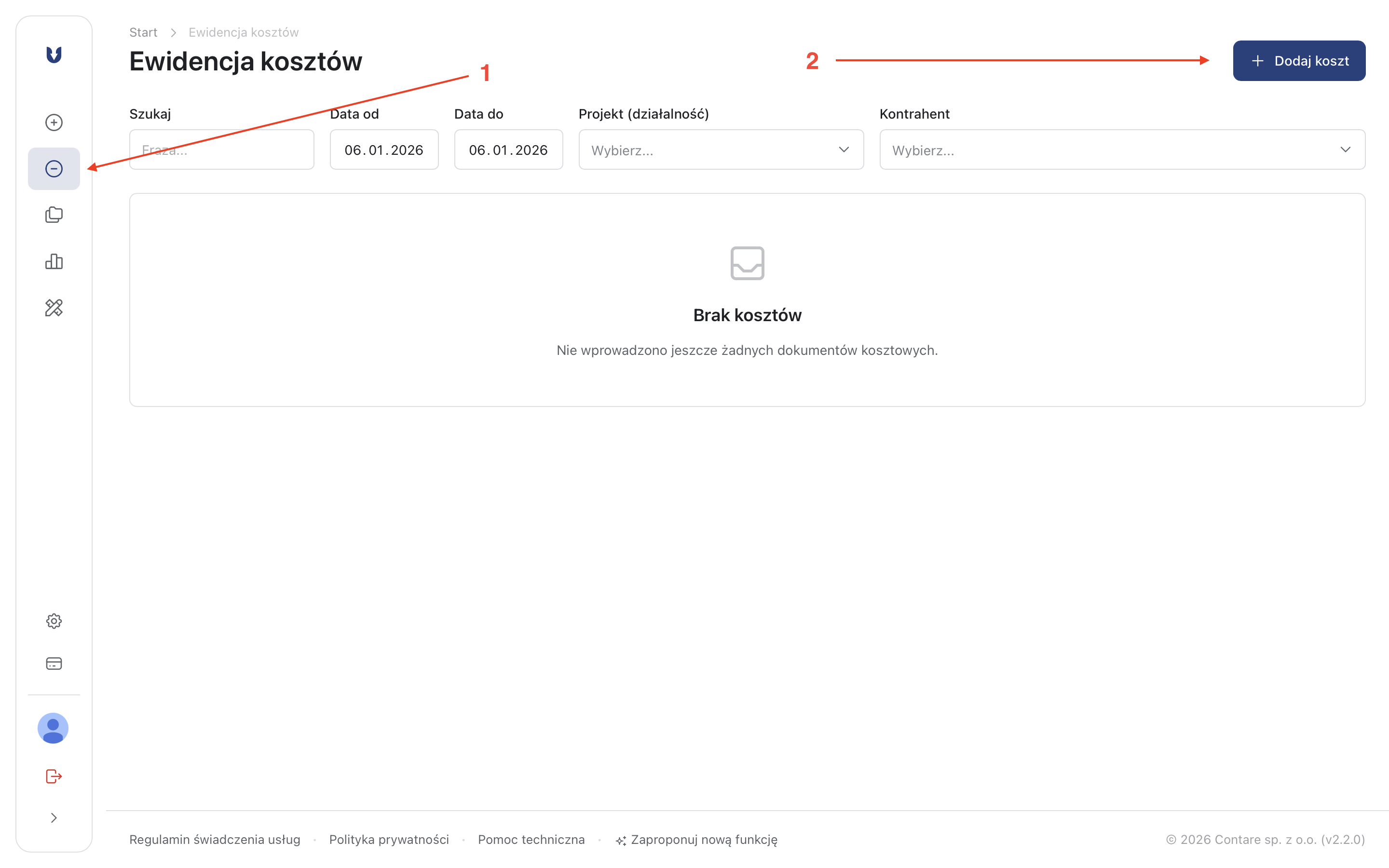 Przejście do widoku kosztów