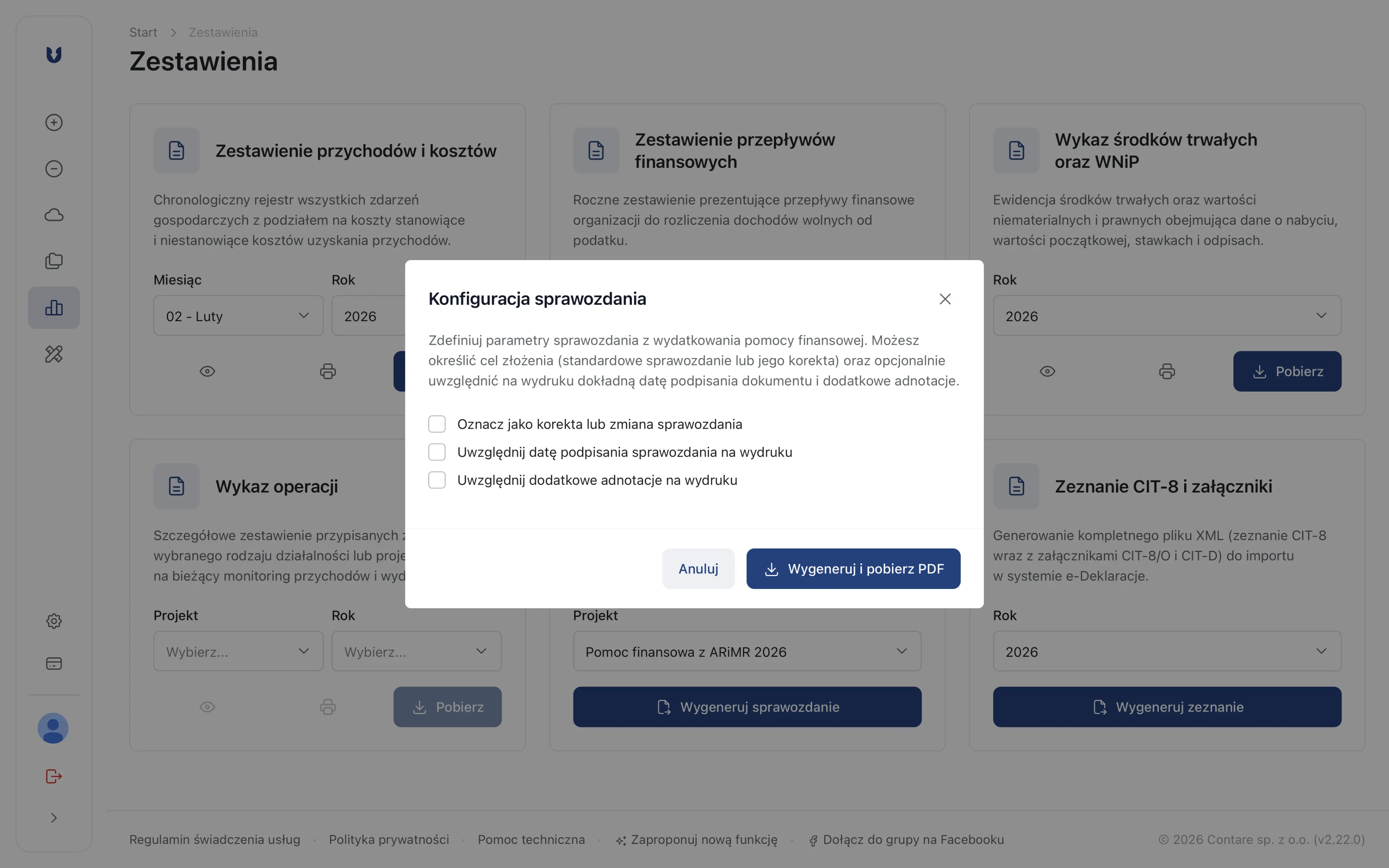 Widok okna dialogowego z opcją dostosowania sprawozdania