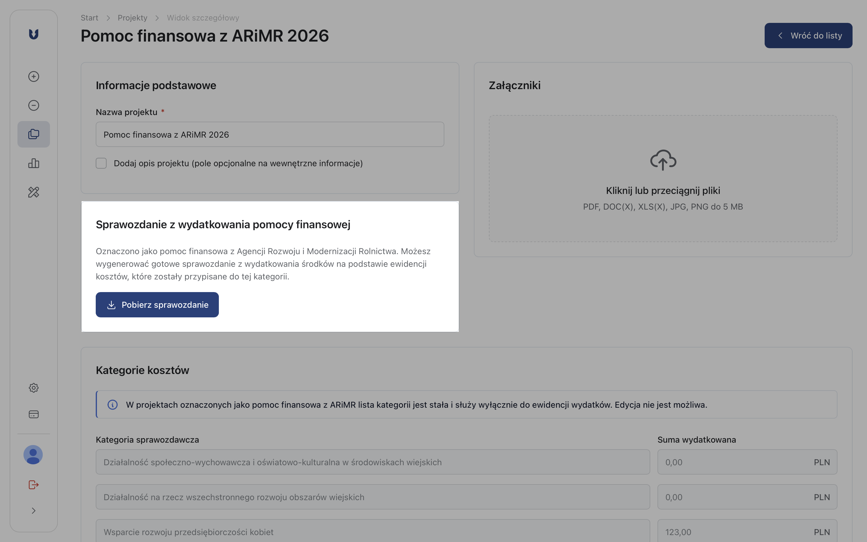 Przejście do widoku kosztów