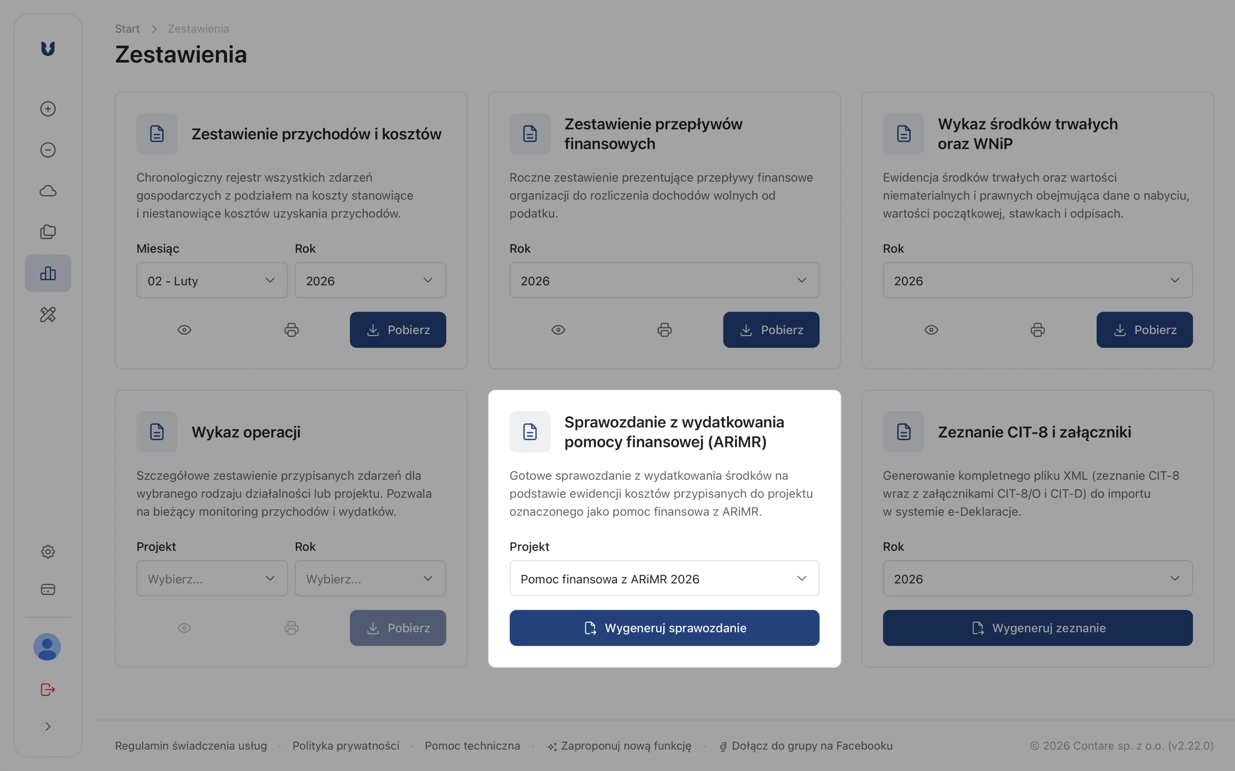 Widok kafelka z opcją generowania sprawozdania w systemie