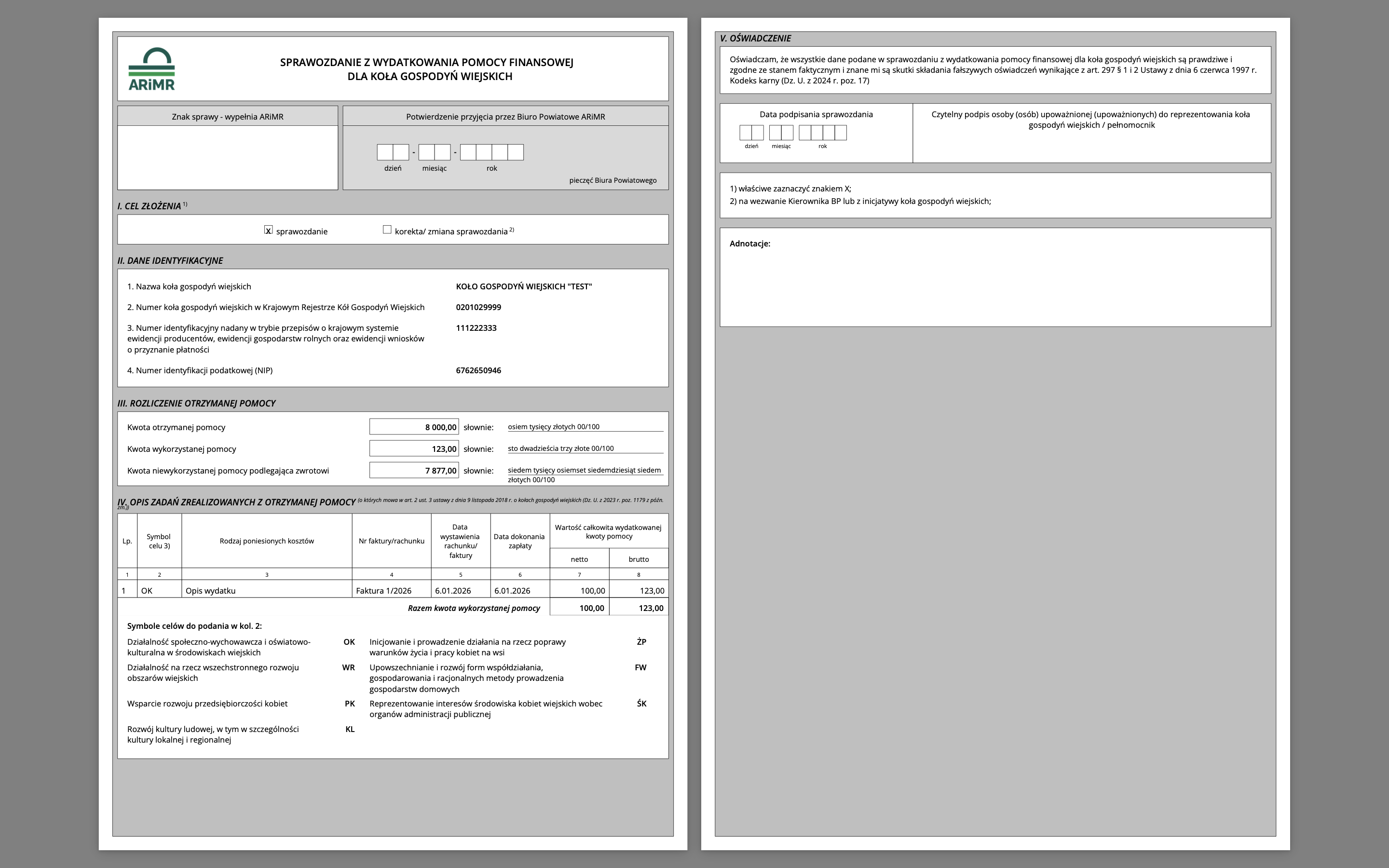Podgląd sprawozdania dla ARiMR