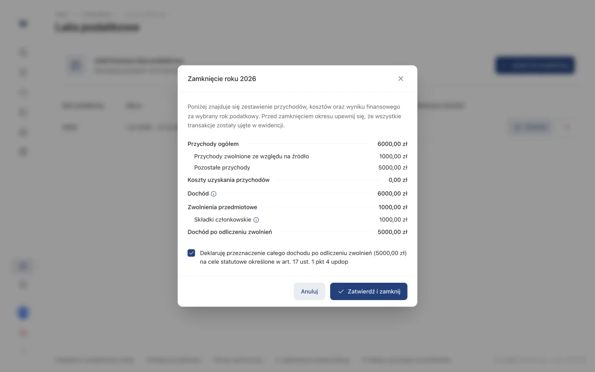 Okno zamknięcia roku podatkowego z podsumowaniem przychodów i kosztów
