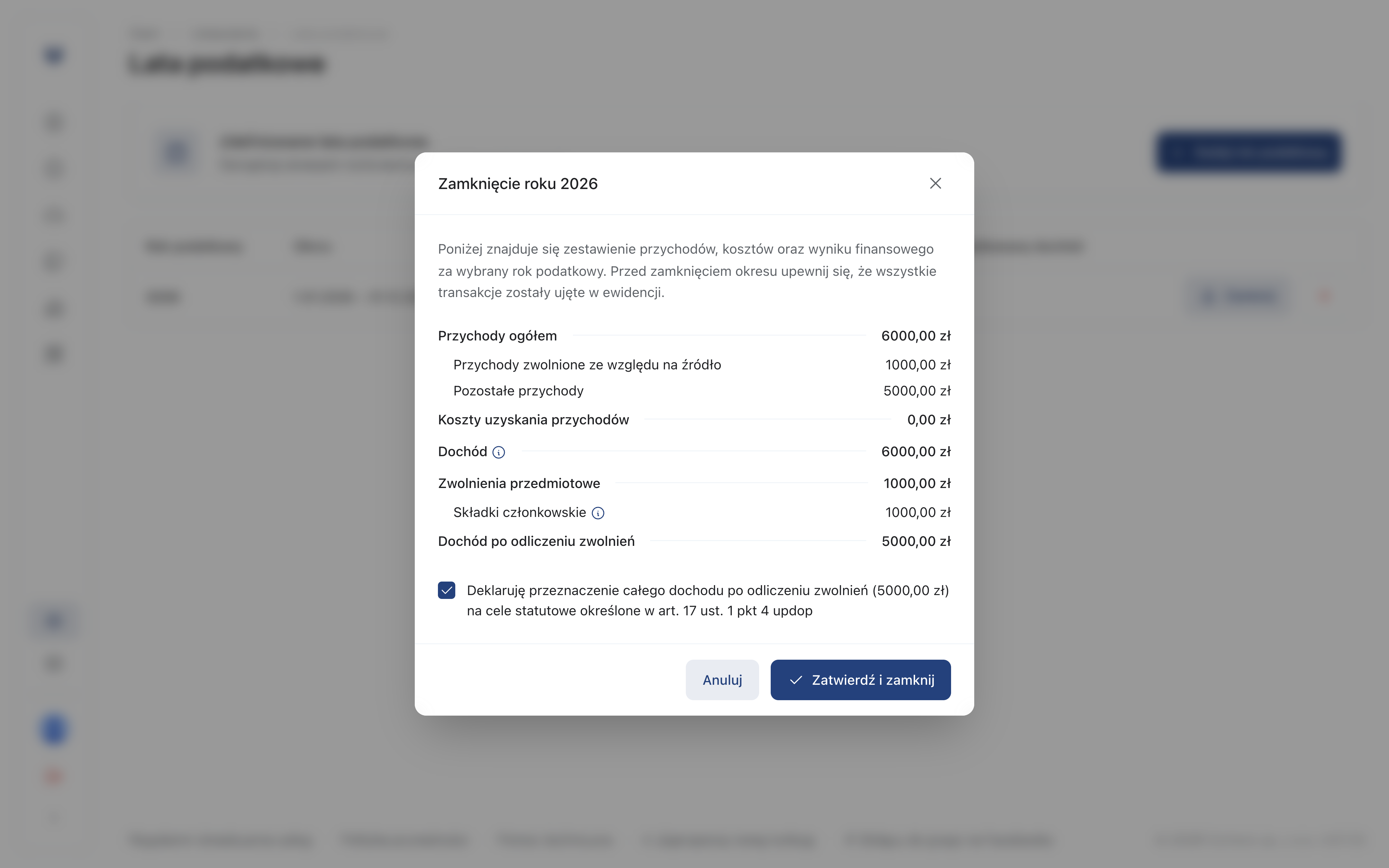 Okno zamknięcia roku podatkowego z podsumowaniem przychodów i kosztów