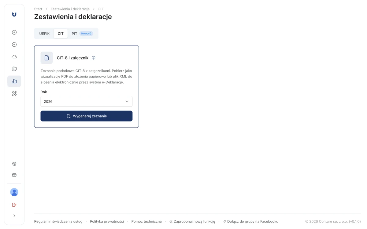 Karta CIT-8 i załączniki z wyborem roku i przyciskiem Wygeneruj zeznanie