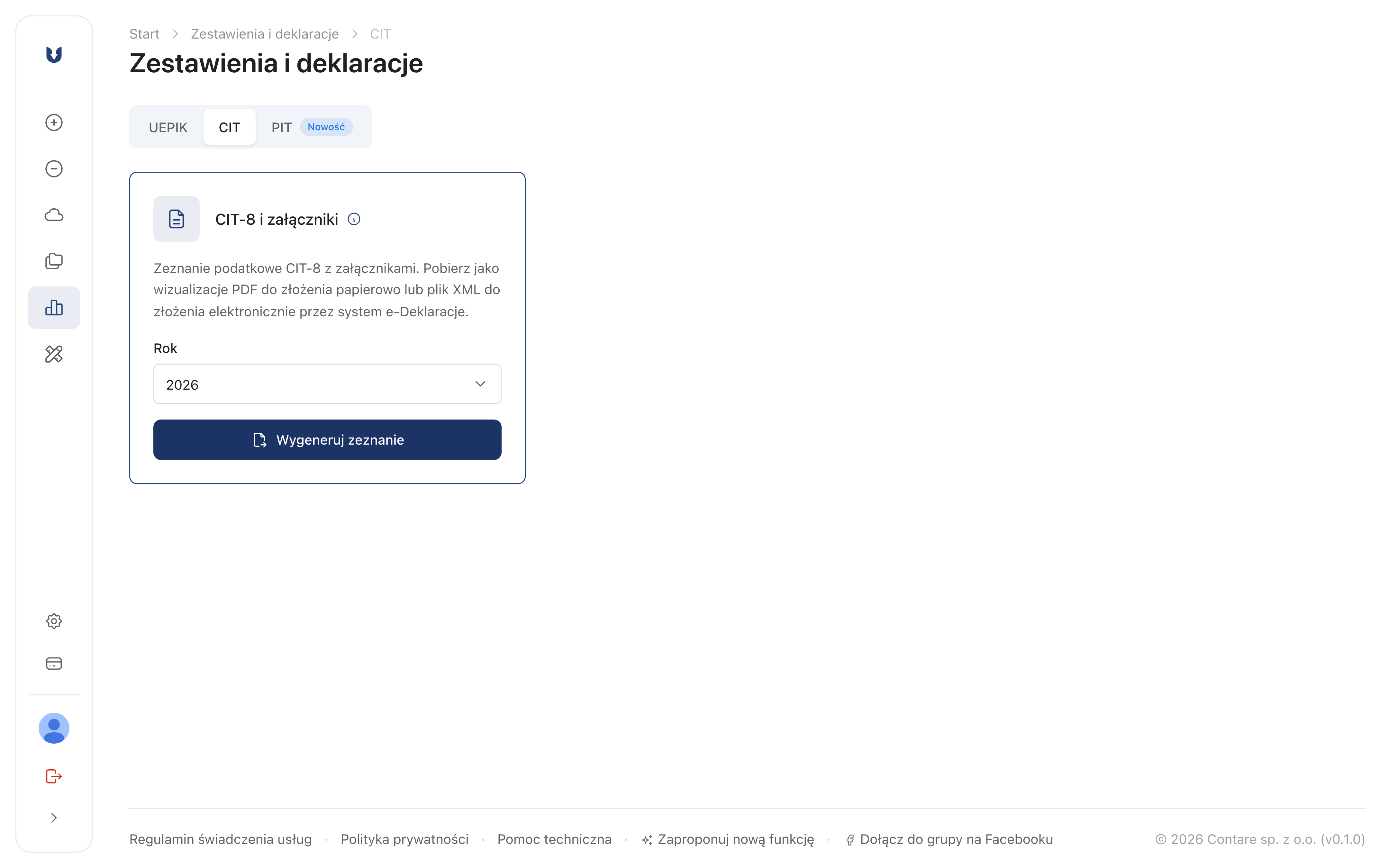 Karta CIT-8 i załączniki z wyborem roku i przyciskiem Wygeneruj zeznanie
