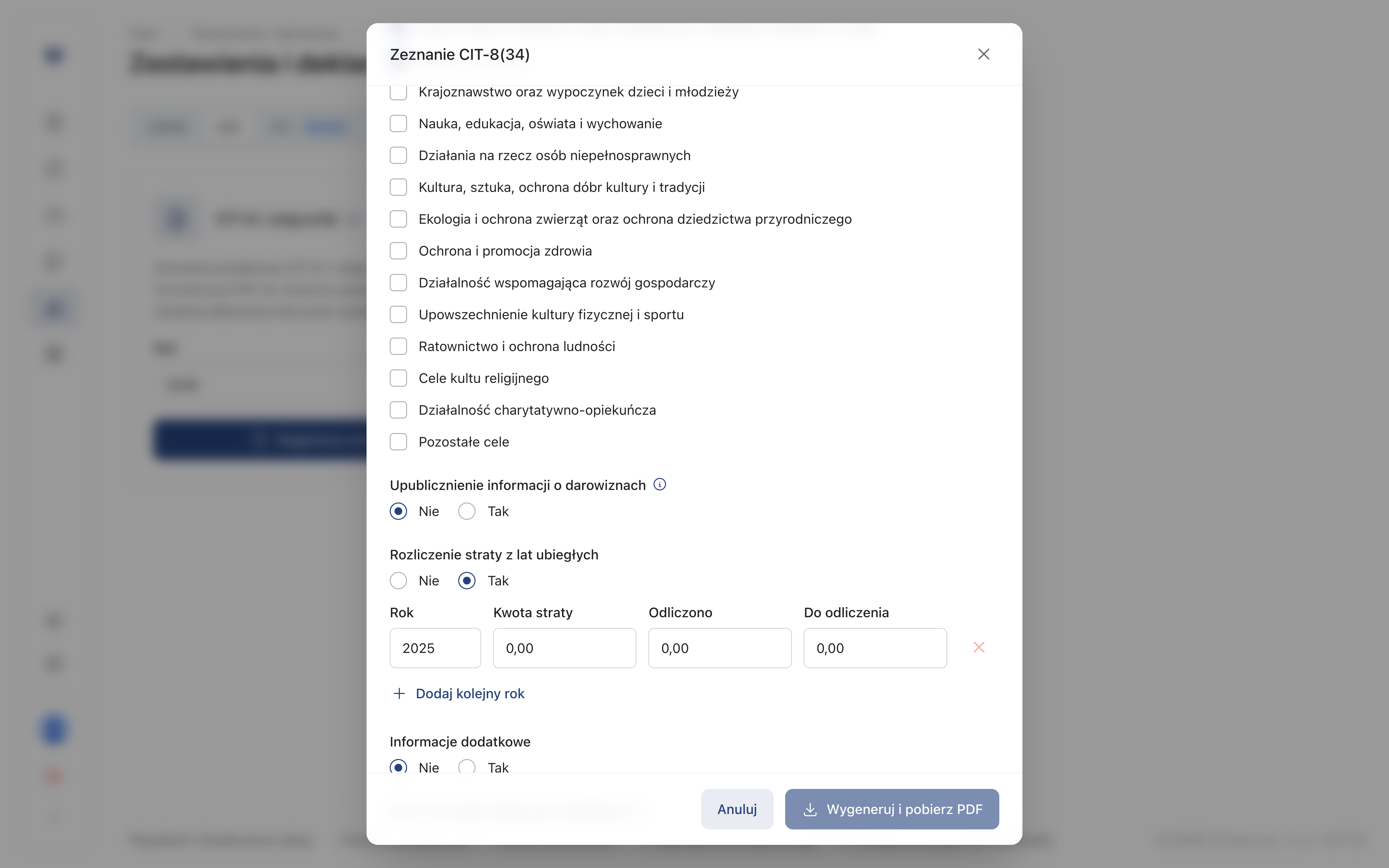 Rozliczenie straty z lat ubiegłych – tabela z rokiem, kwotą straty i kwotą do odliczenia