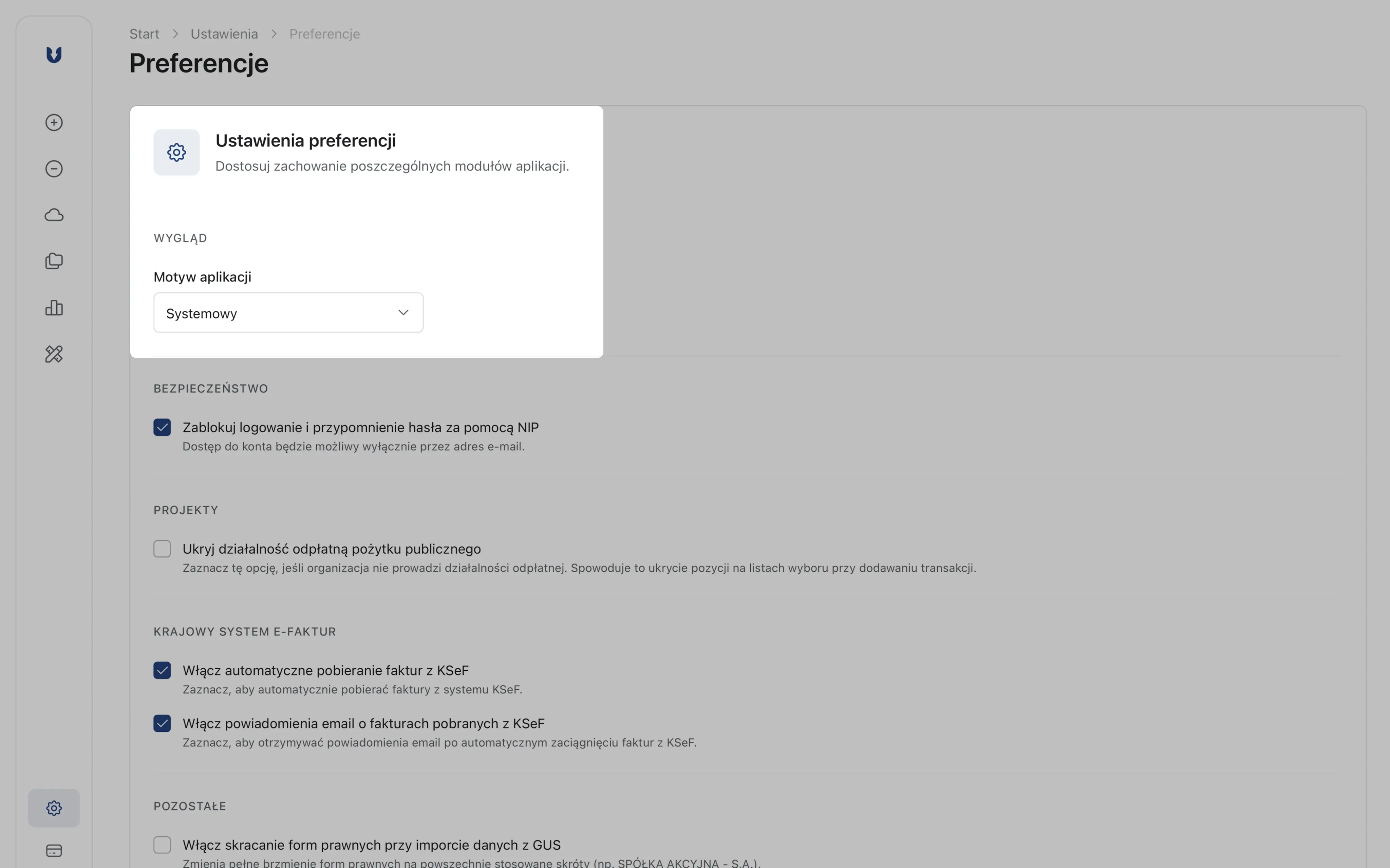Widok zakładki Ustawienia → Preferencje z przełącznikiem motywu