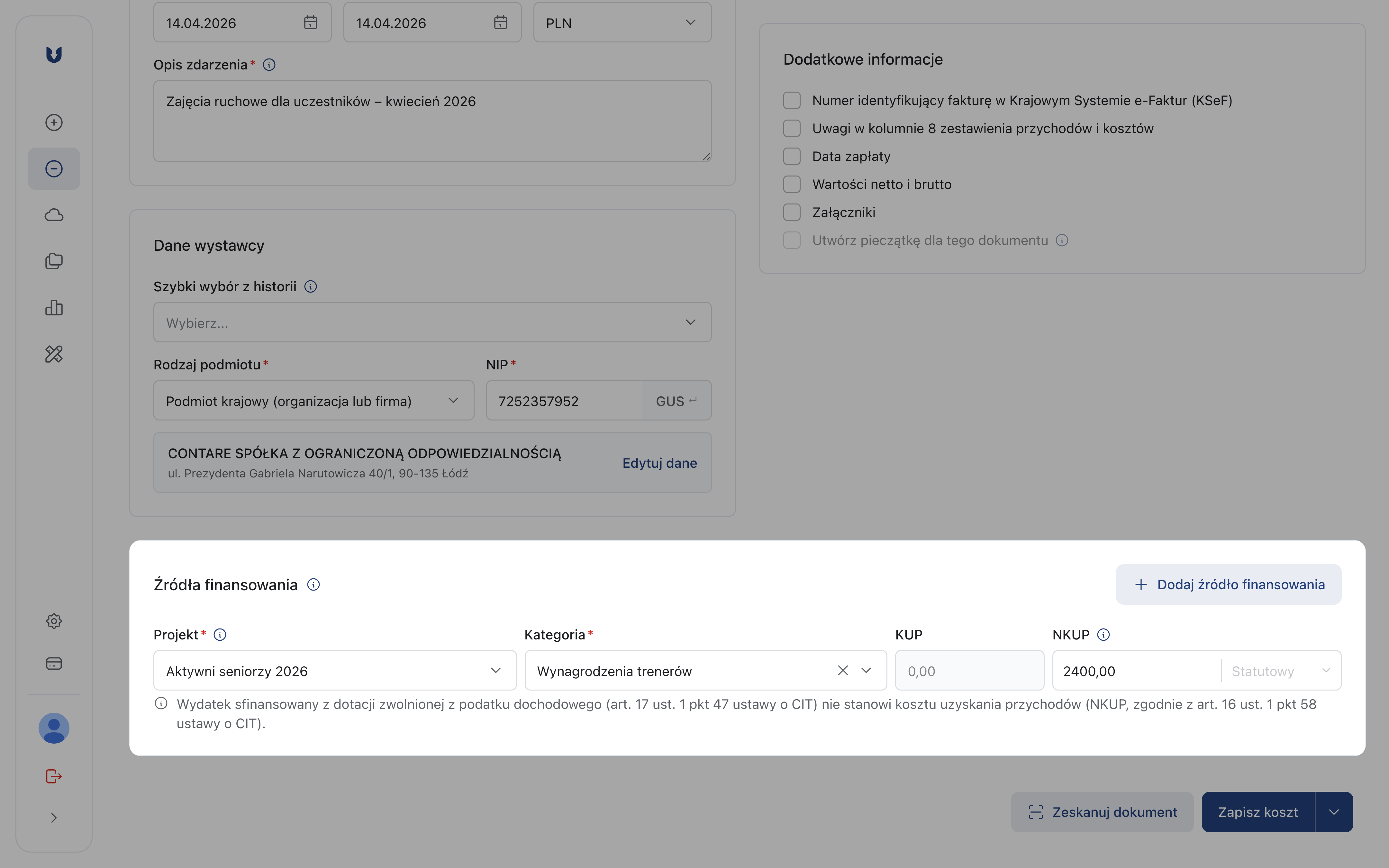 Karta Źródła finansowania w formularzu kosztu z wybranym projektem, pozycją budżetu i kwotą w kolumnie NKUP