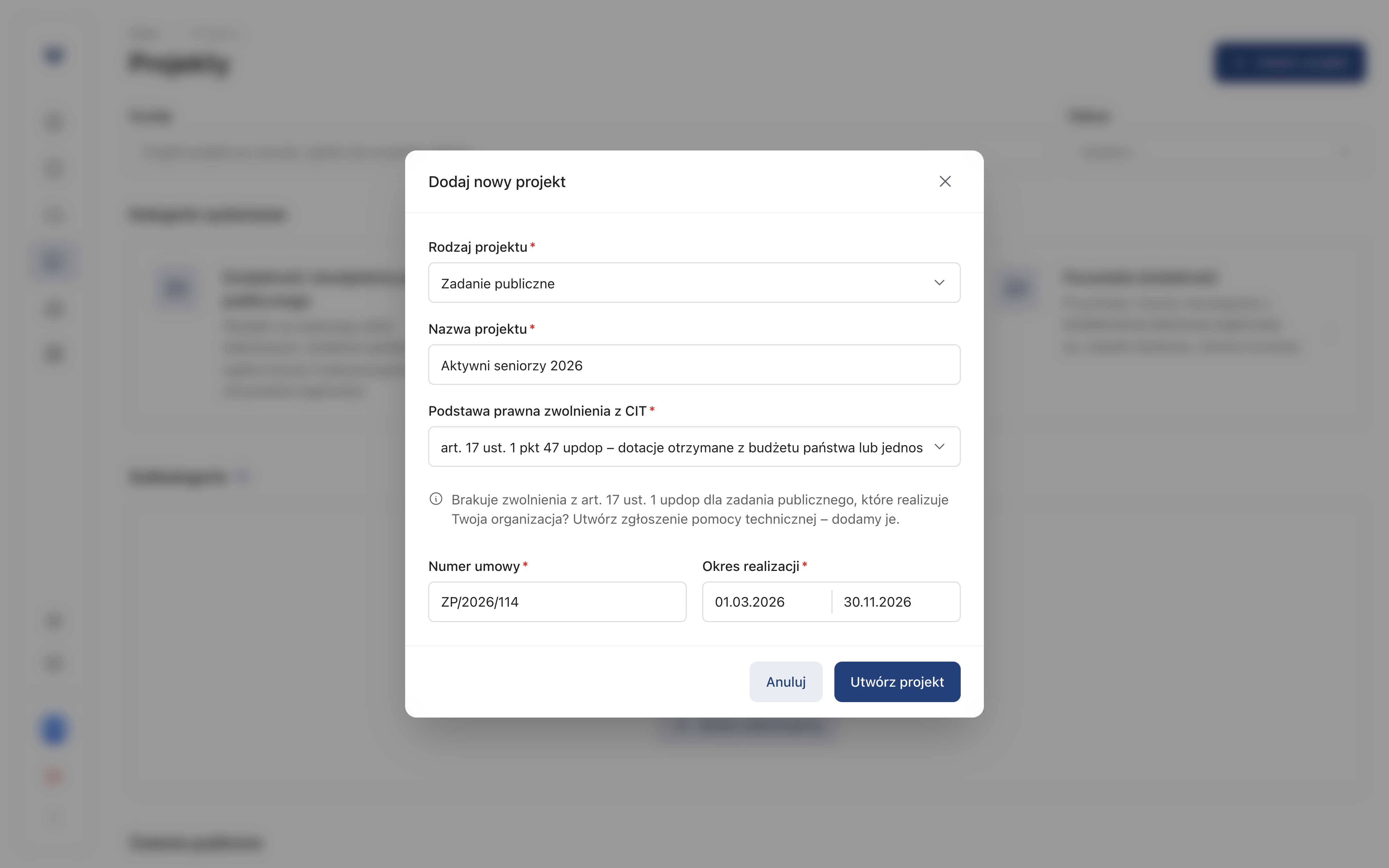 Okno Dodaj nowy projekt z rodzajem Zadanie publiczne, podstawą prawną zwolnienia z CIT, numerem umowy i okresem realizacji