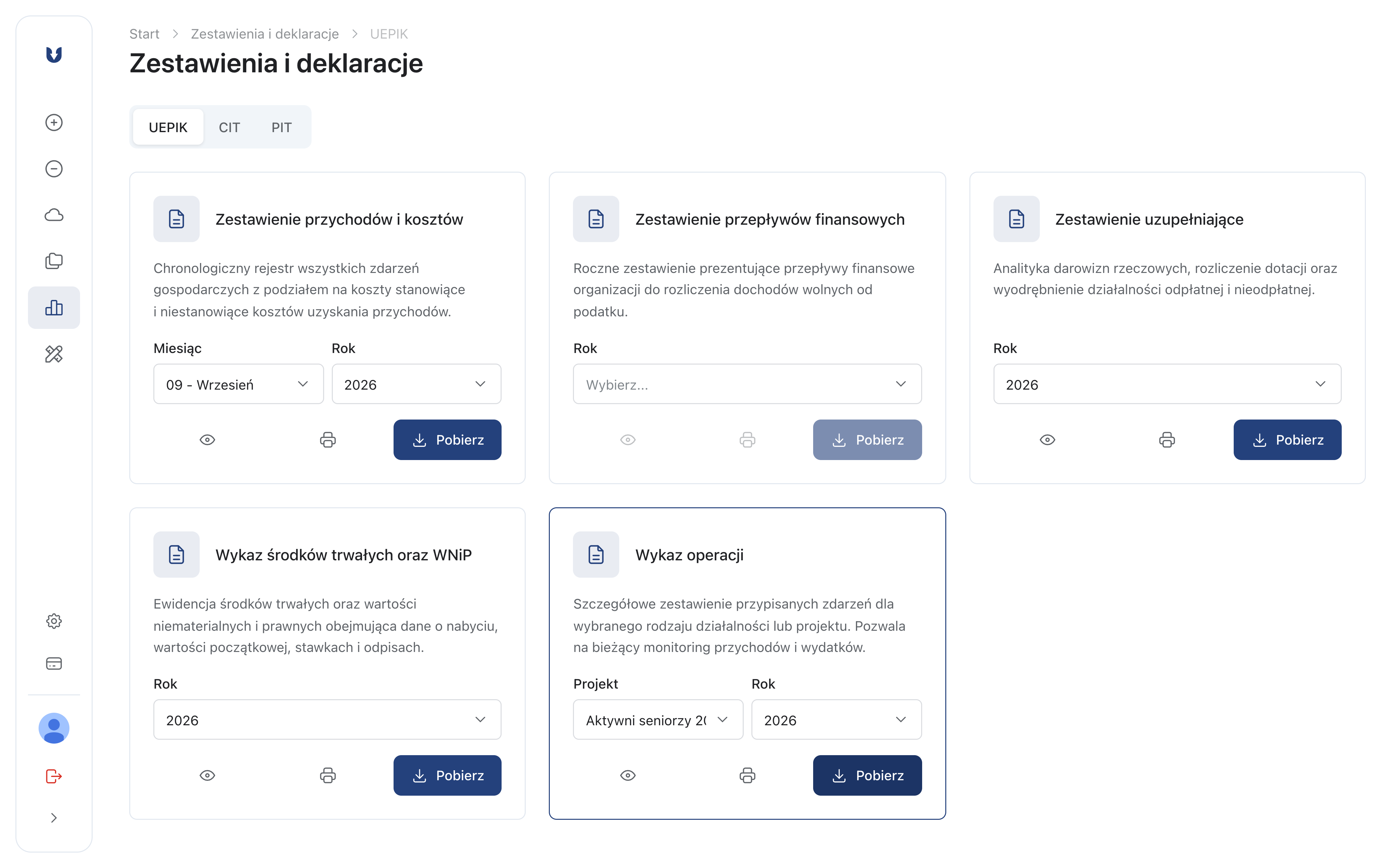 Zakładka Zestawienia i deklaracje UEPIK z kartą Wykaz operacji, wyborem projektu i roku oraz przyciskiem Pobierz