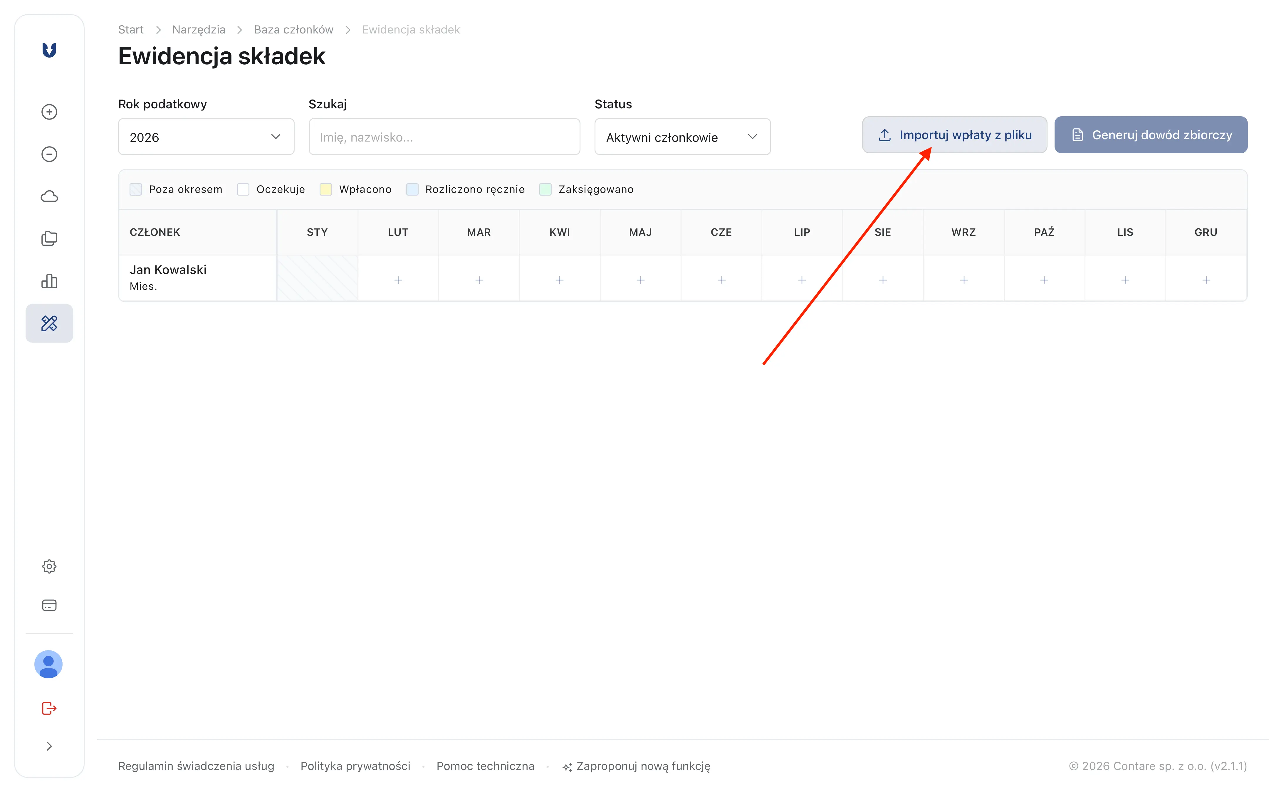 Przycisk importu w ewidencji składek