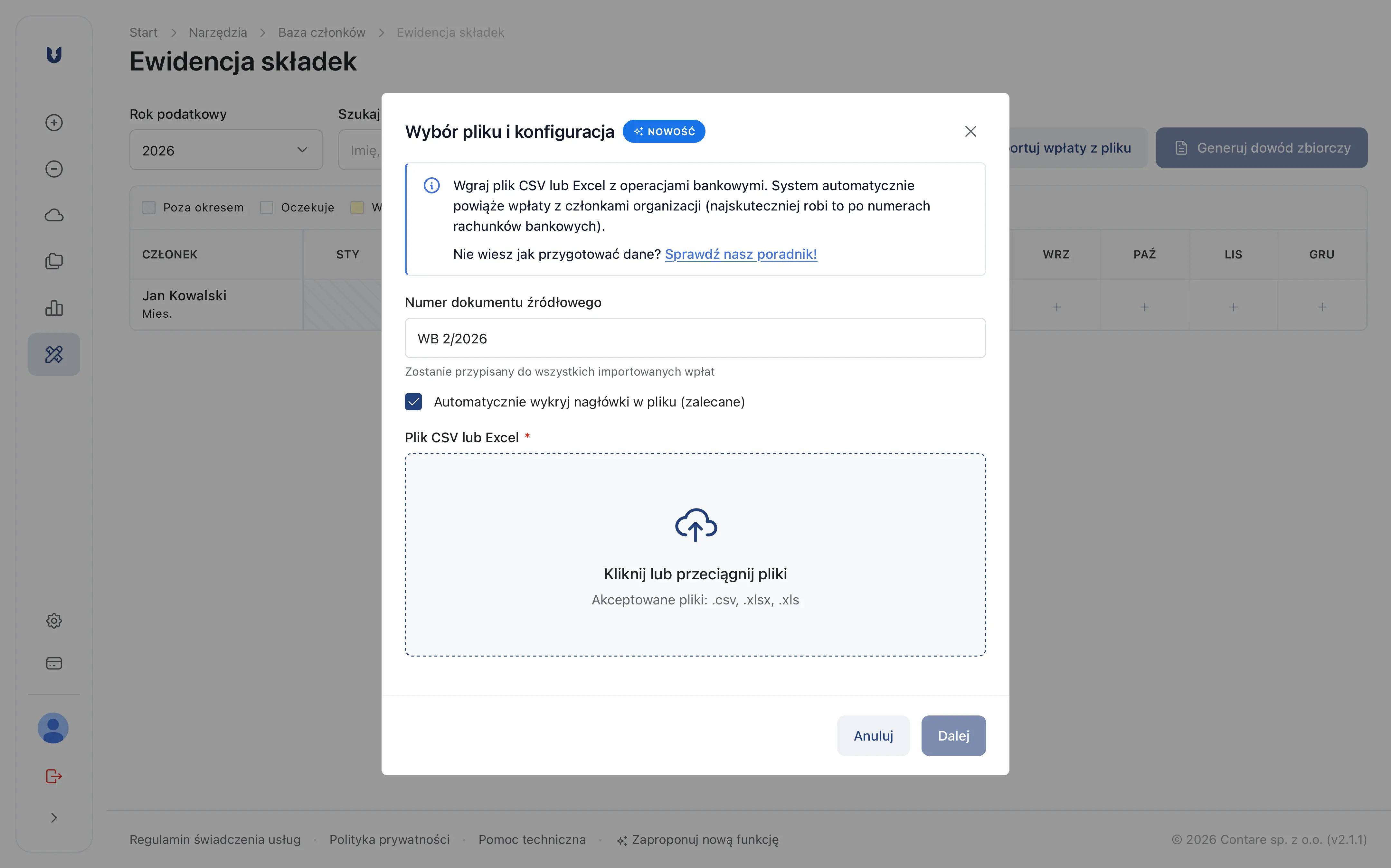 Widok dialogu z polem na wgranie pliku