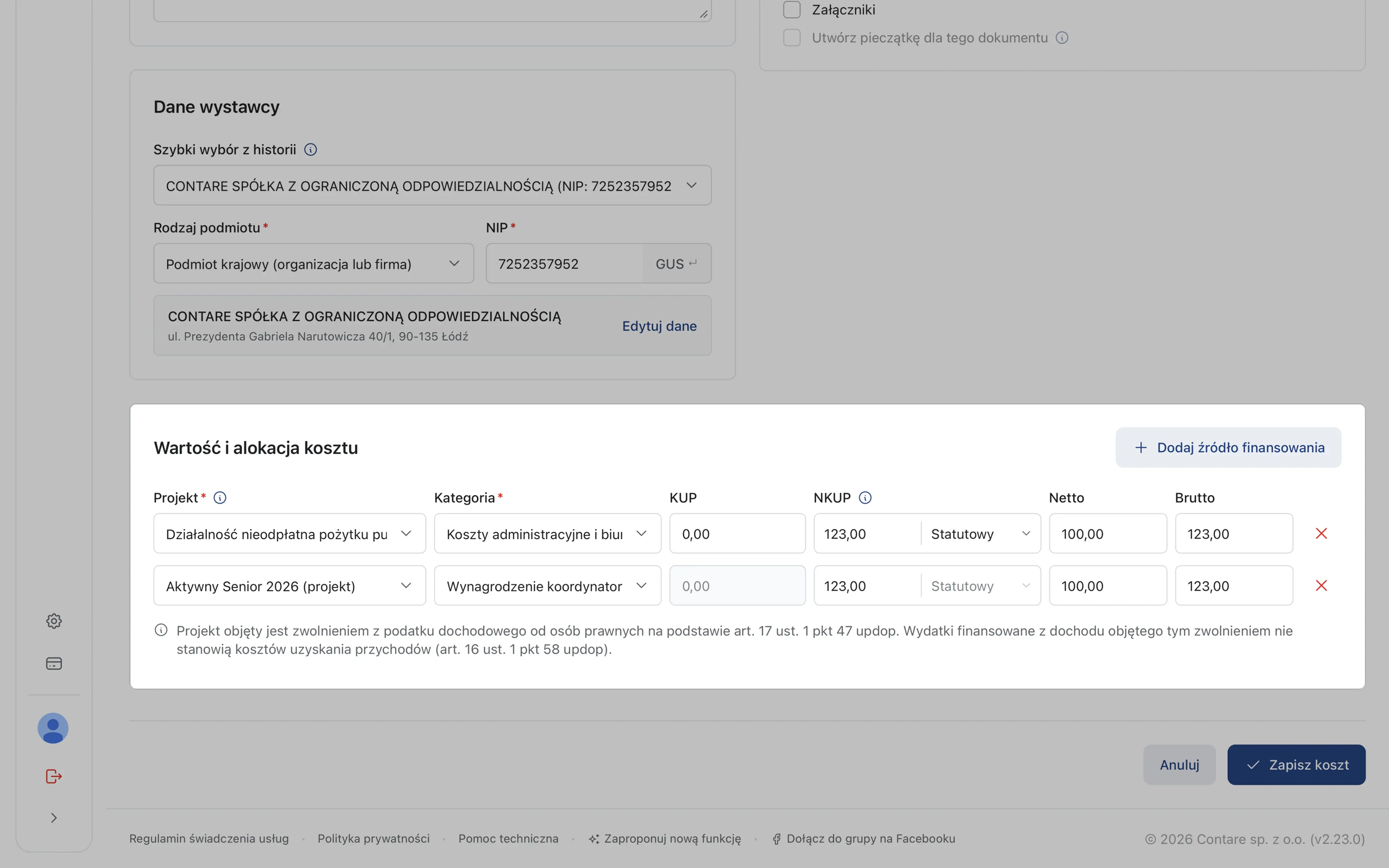 Sekcja Wartość i alokacja kosztu z przyciskiem Dodaj źródło finansowania