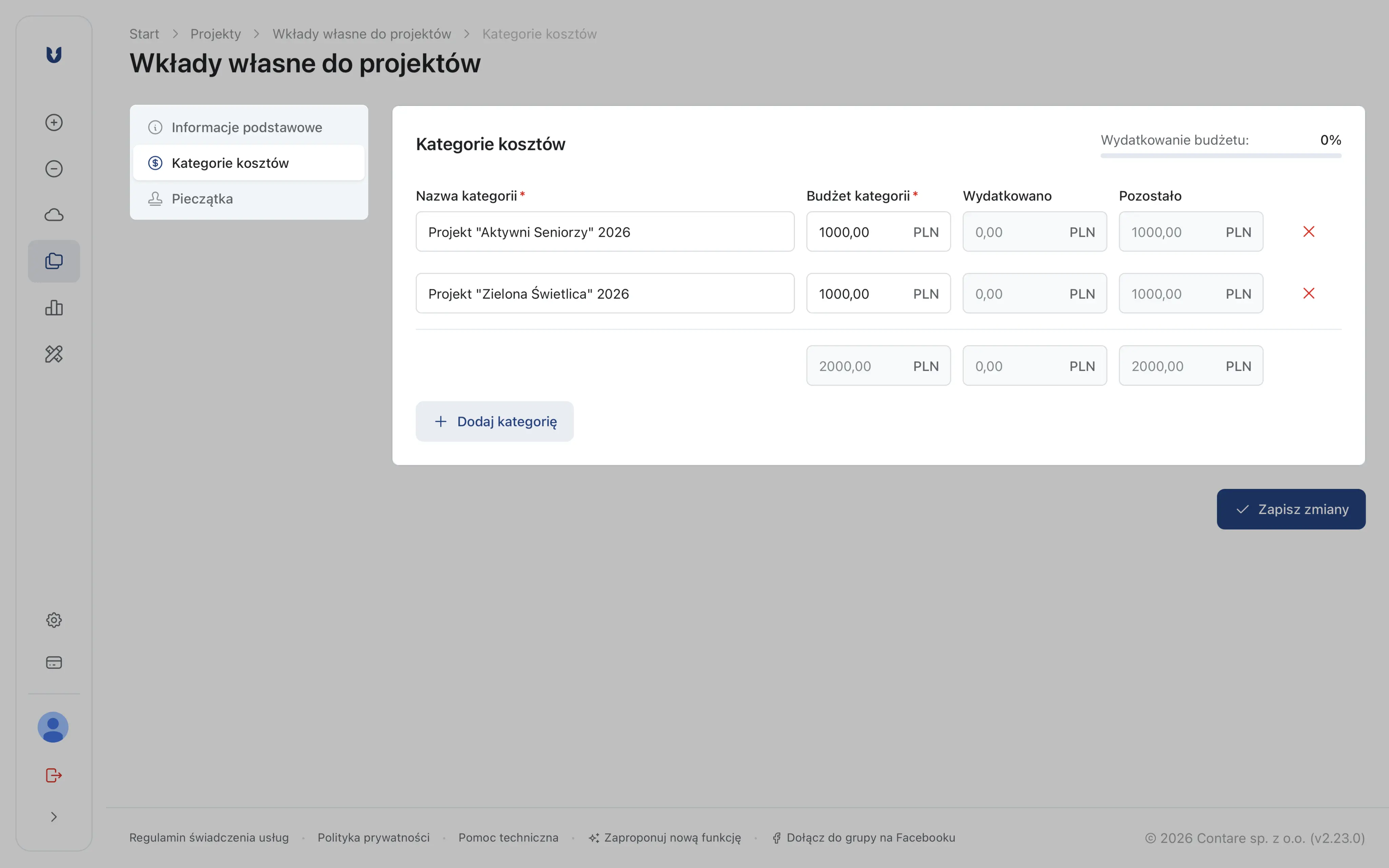Kategorie kosztowe w projekcie Wkłady własne do projektów