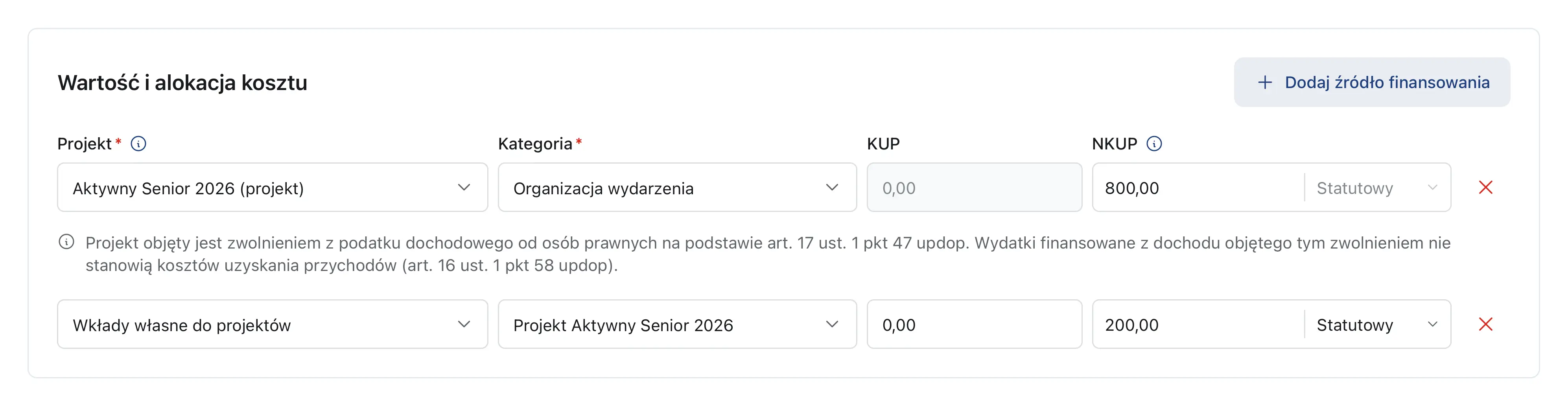 Sekcja alokacji kosztu z dwoma źródłami: dotacja i wkład własny