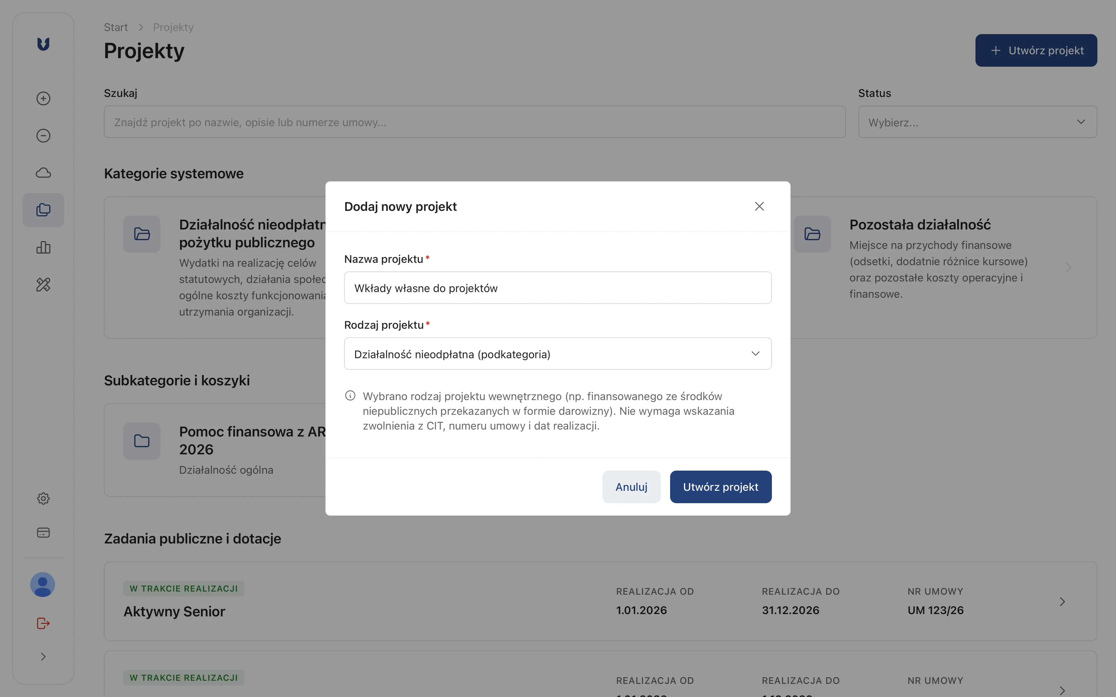 Formularz tworzenia projektu Wkłady własne do projektów