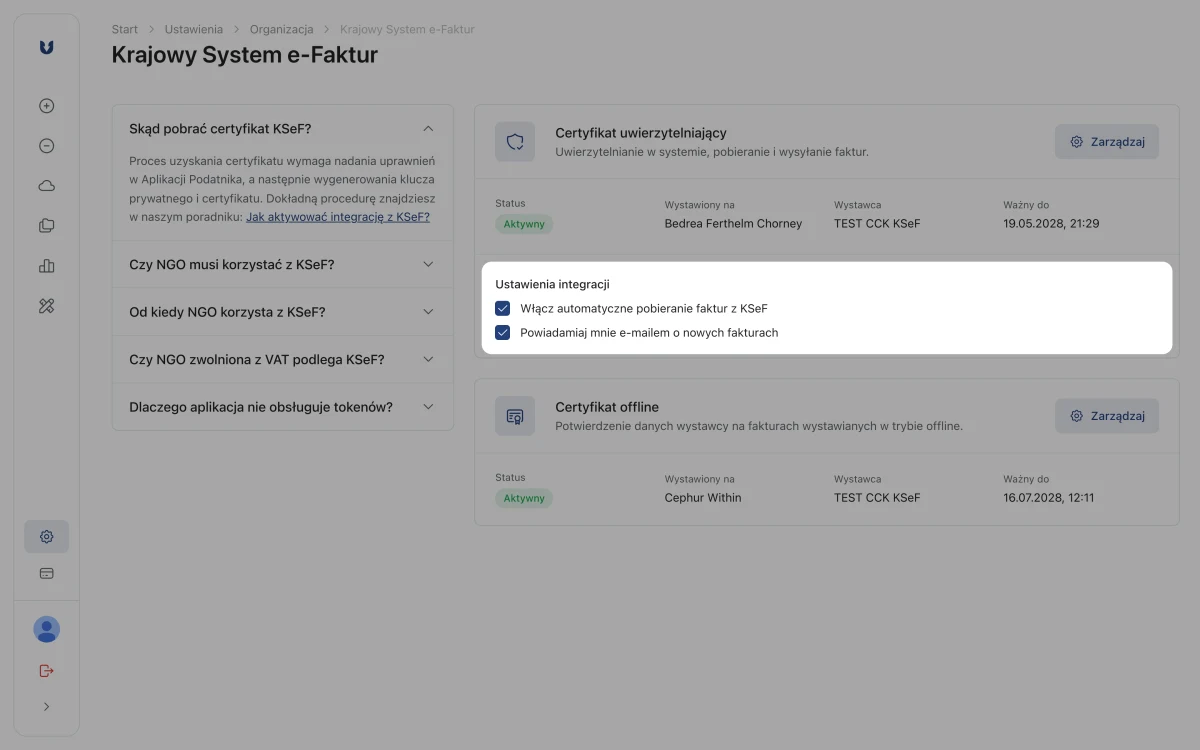 Zaznaczone opcje automatycznego pobierania faktur i powiadomień e-mail