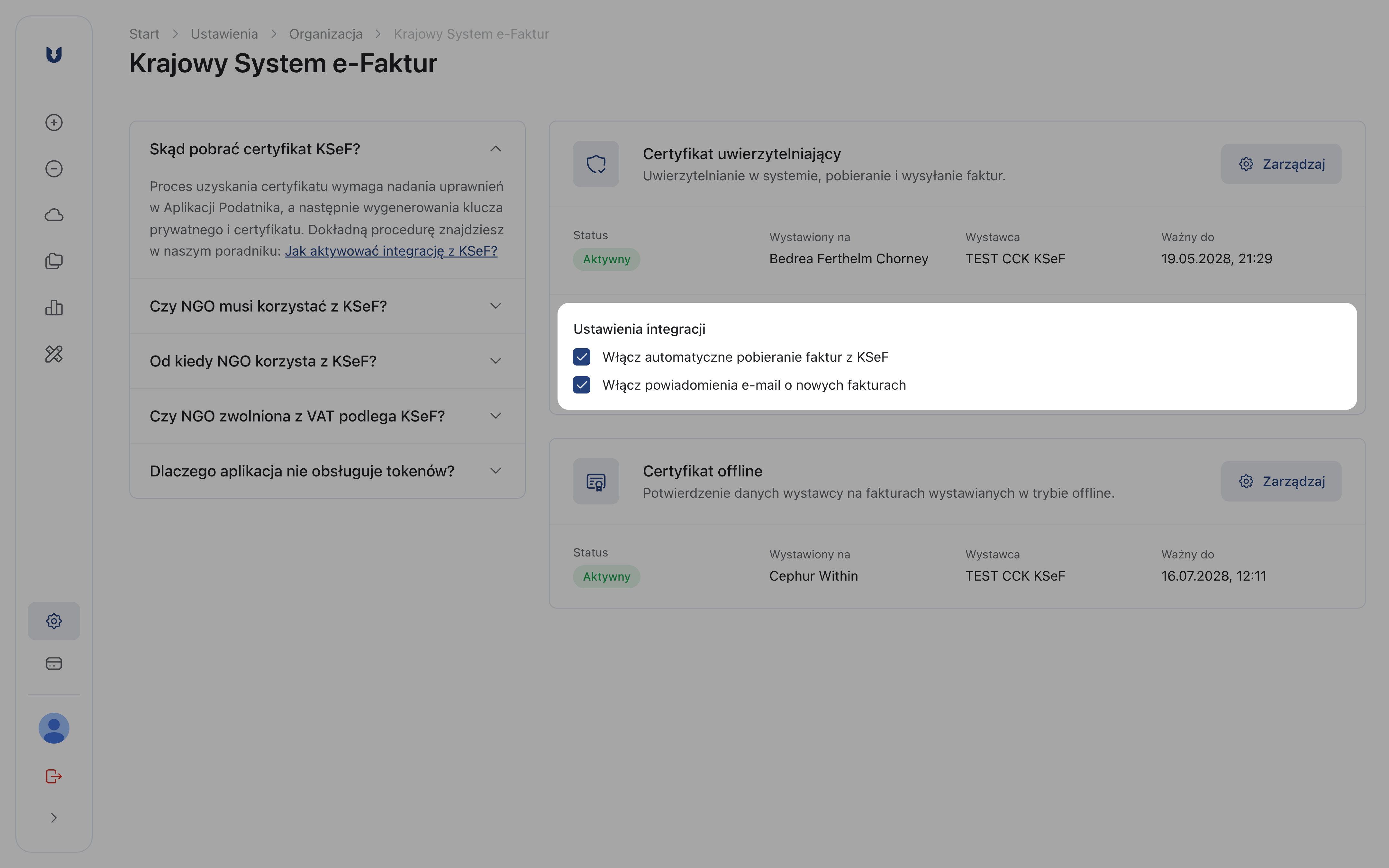 Zaznaczone opcje automatycznego pobierania faktur i powiadomień e-mail