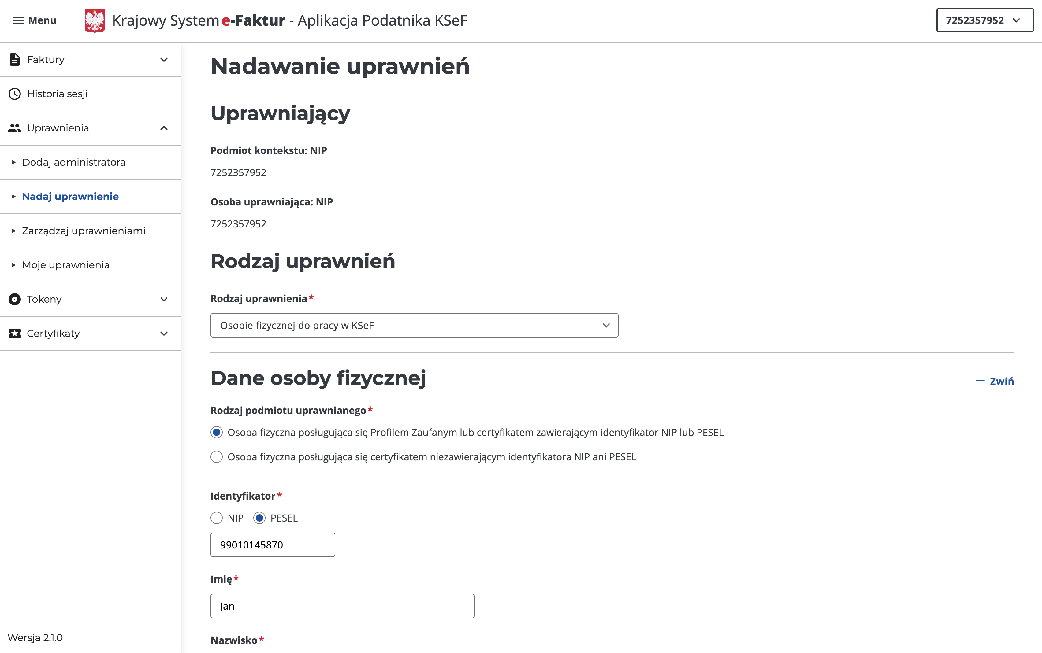 Widok nadawania uprawnień KSeF
