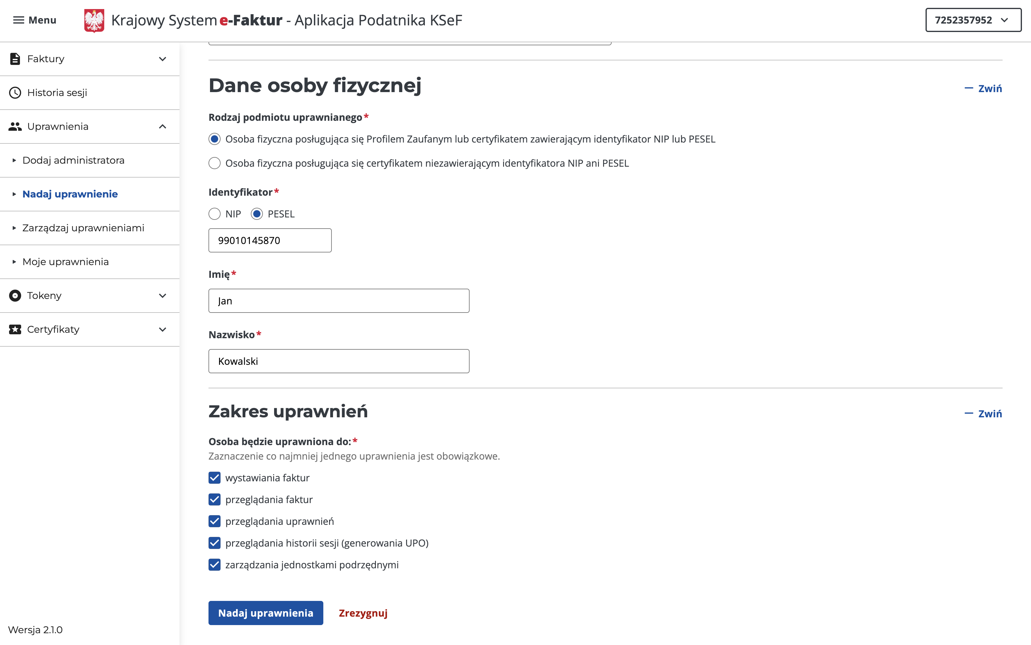 Widok nadawania uprawnień KSeF