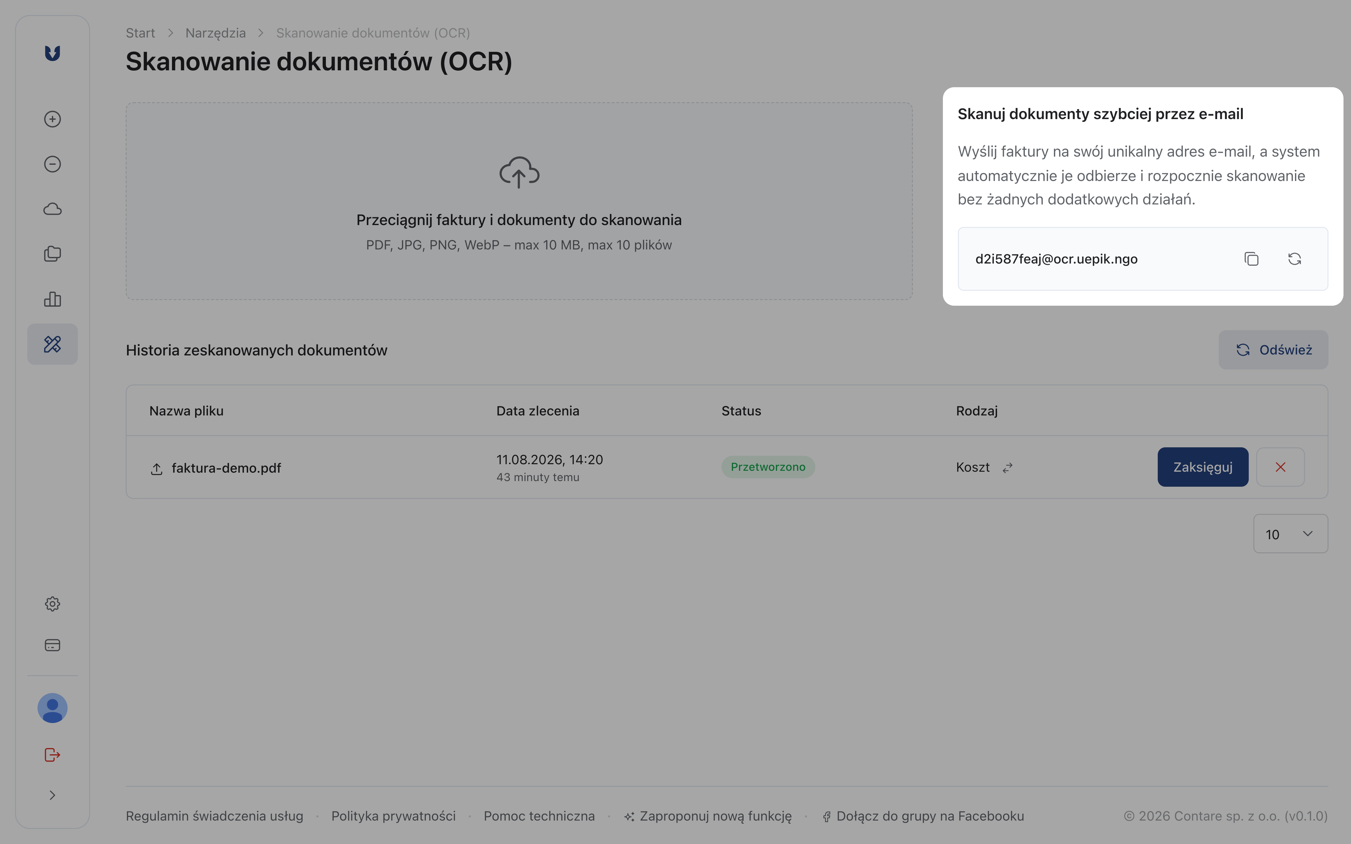 Widok Narzędzia → Skanowanie dokumentów (OCR): pole przeciągania plików, panel skanowania przez e-mail z indywidualnym adresem oraz historia zeskanowanych dokumentów