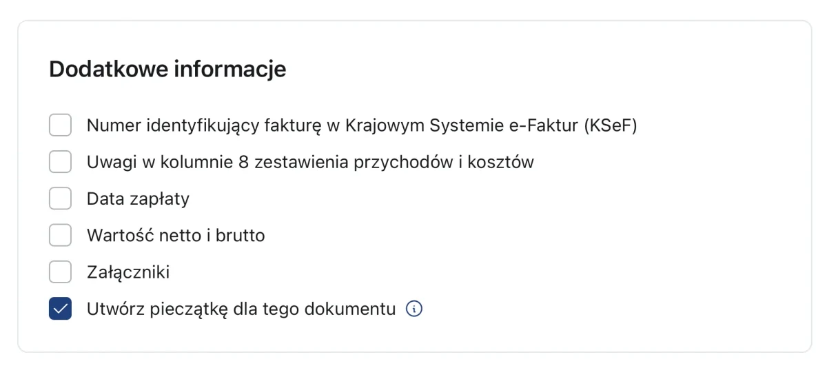 Checkbox Utwórz pieczątkę w sekcji Dodatkowe informacje