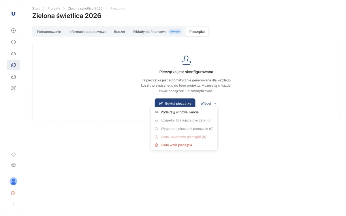 Menu Więcej w zakładce Pieczątka z poleceniami uzupełnienia, ponownego wygenerowania i usunięcia pieczątek