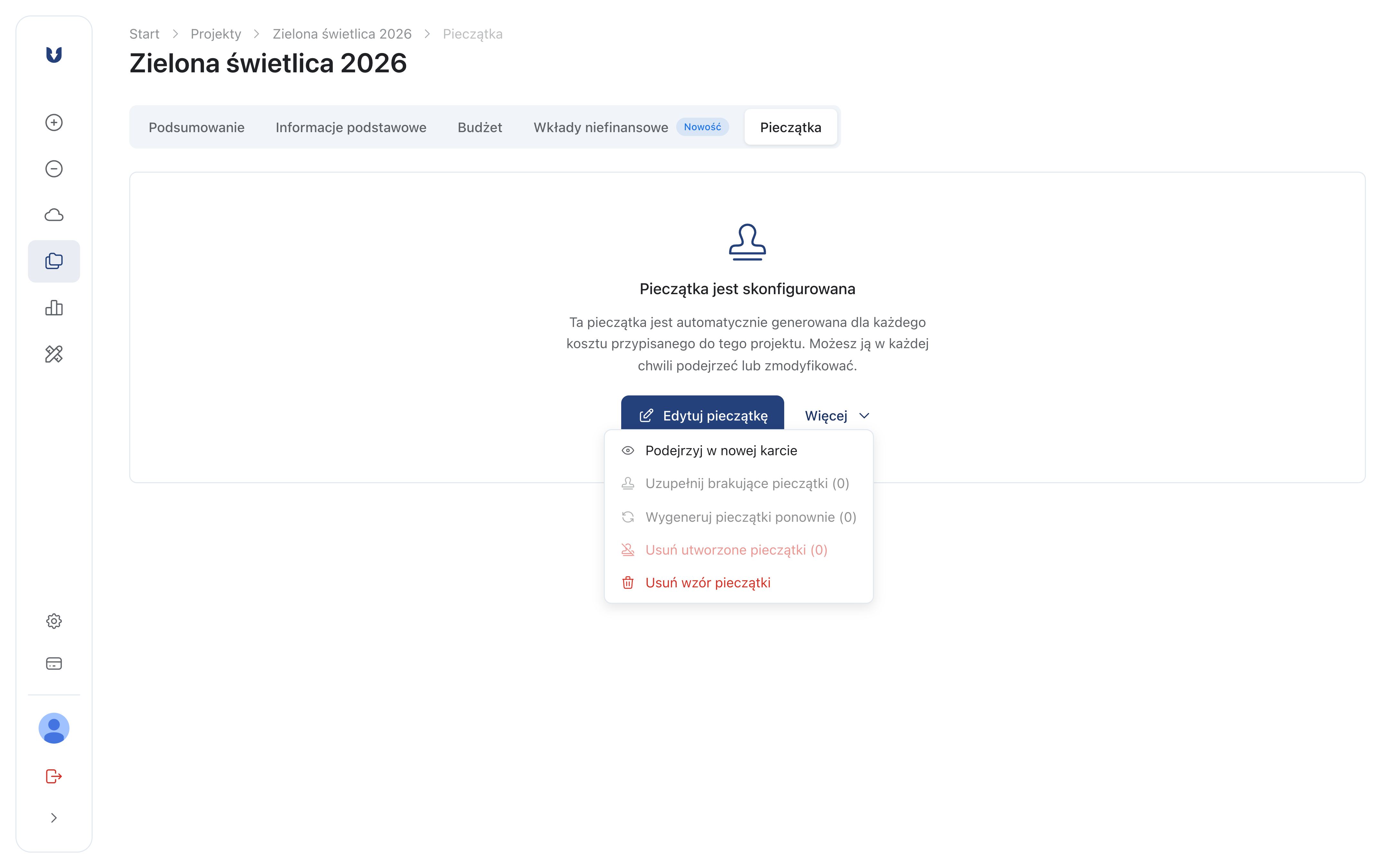 Menu Więcej w zakładce Pieczątka z poleceniami uzupełnienia, ponownego wygenerowania i usunięcia pieczątek