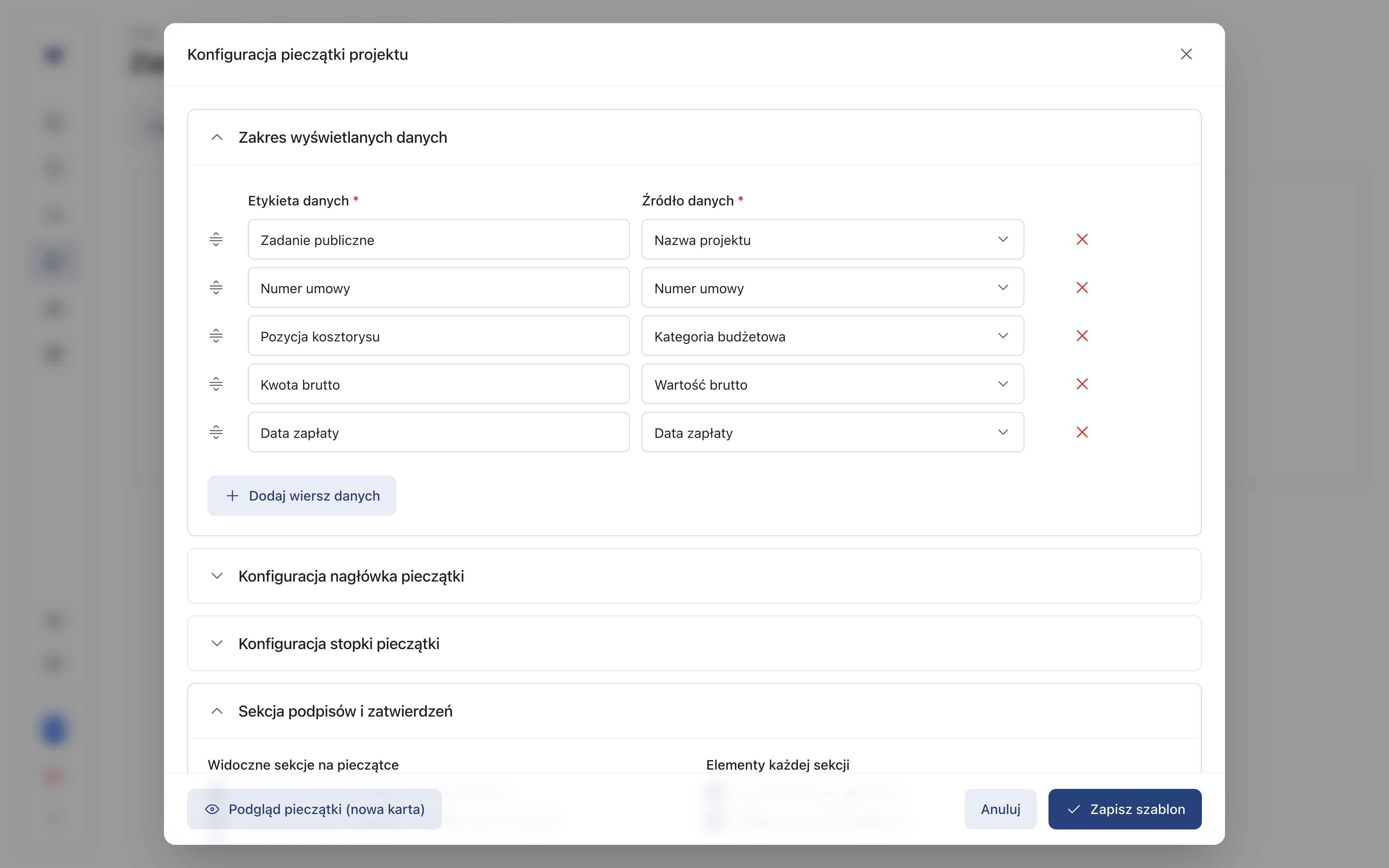 Okno Konfiguracja pieczątki projektu z listą wierszy danych i sekcją podpisów