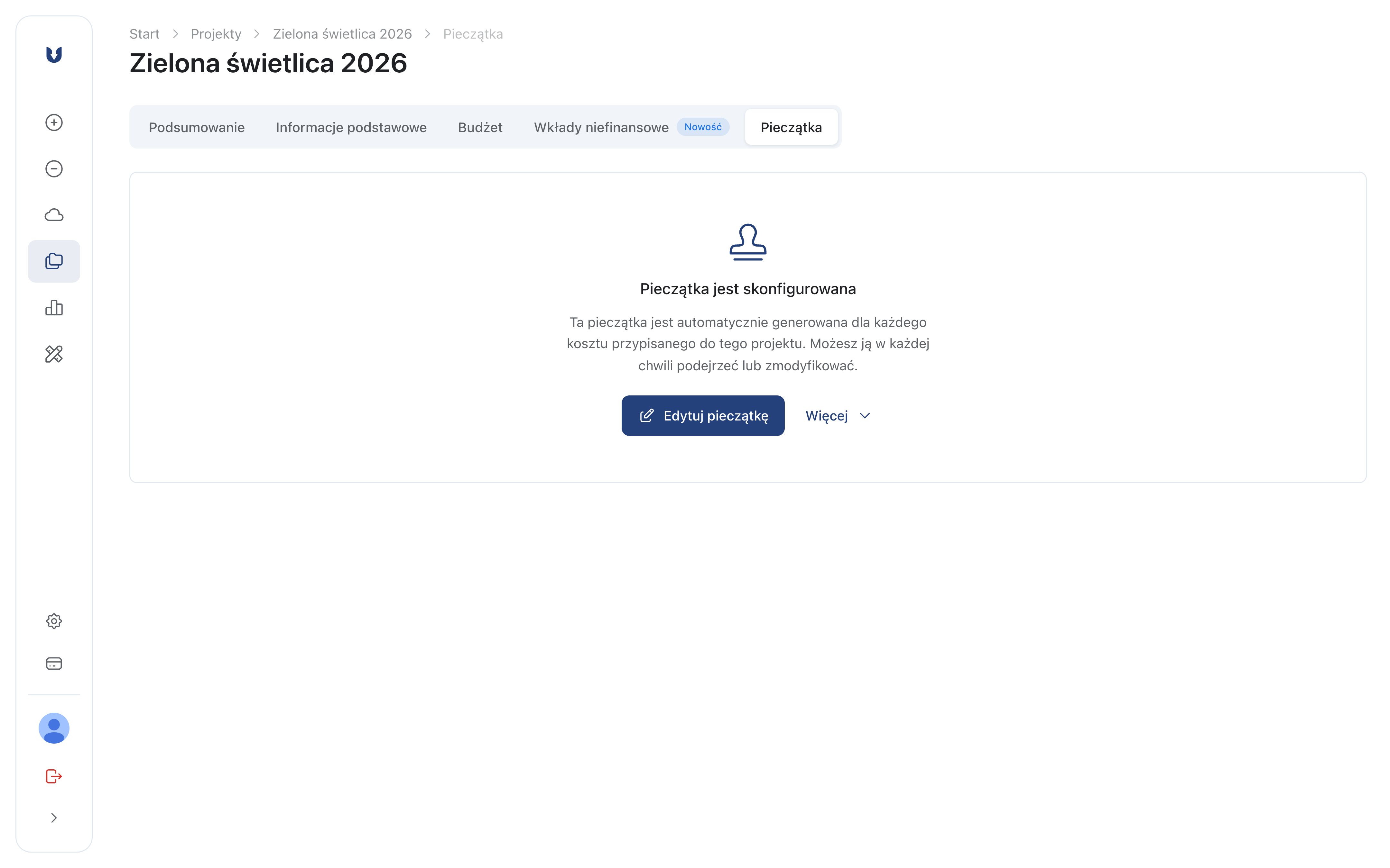 Zakładka Pieczątka ze stanem wzoru i przyciskiem Edytuj pieczątkę