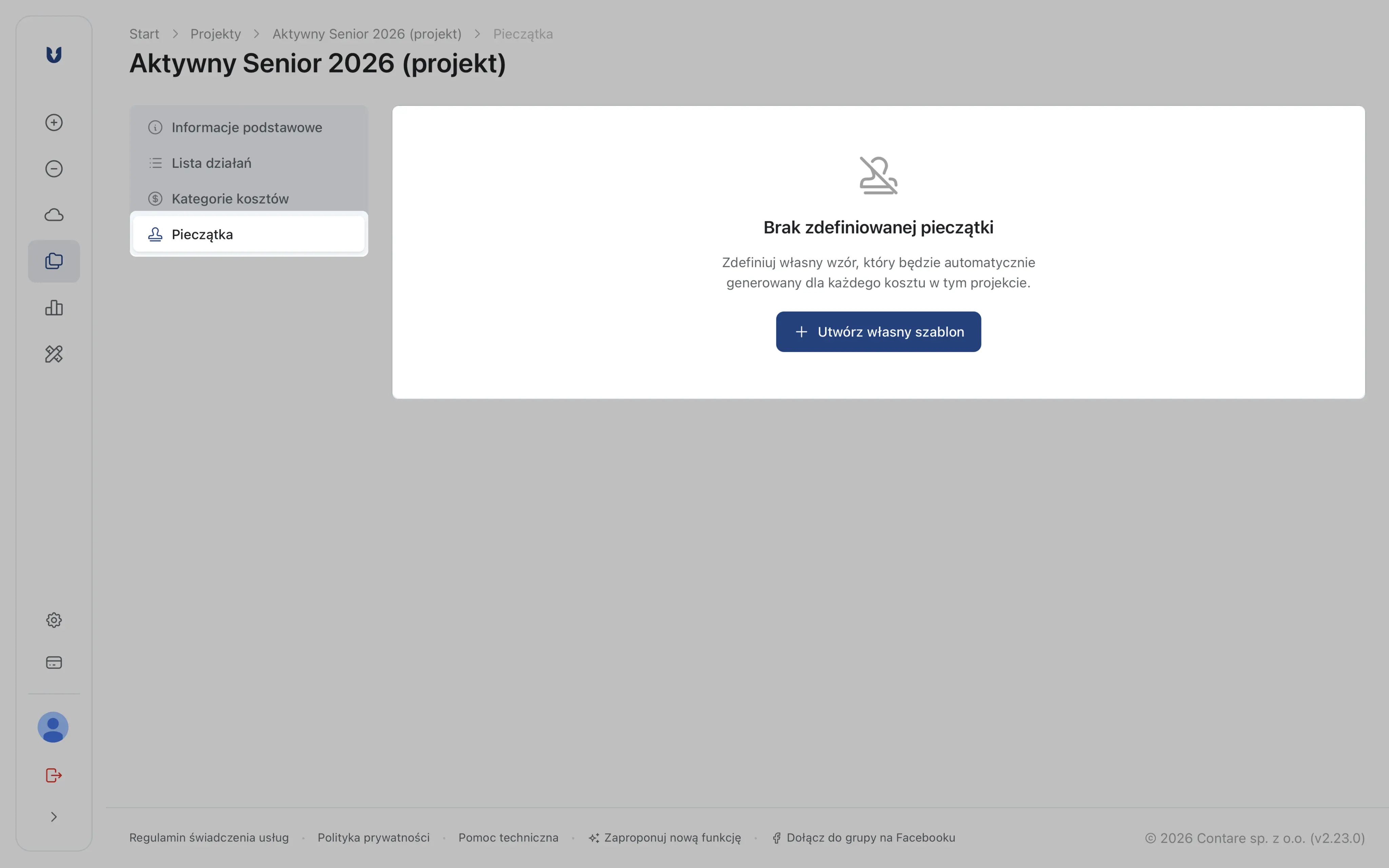 Zakładka Pieczątka w edycji projektu