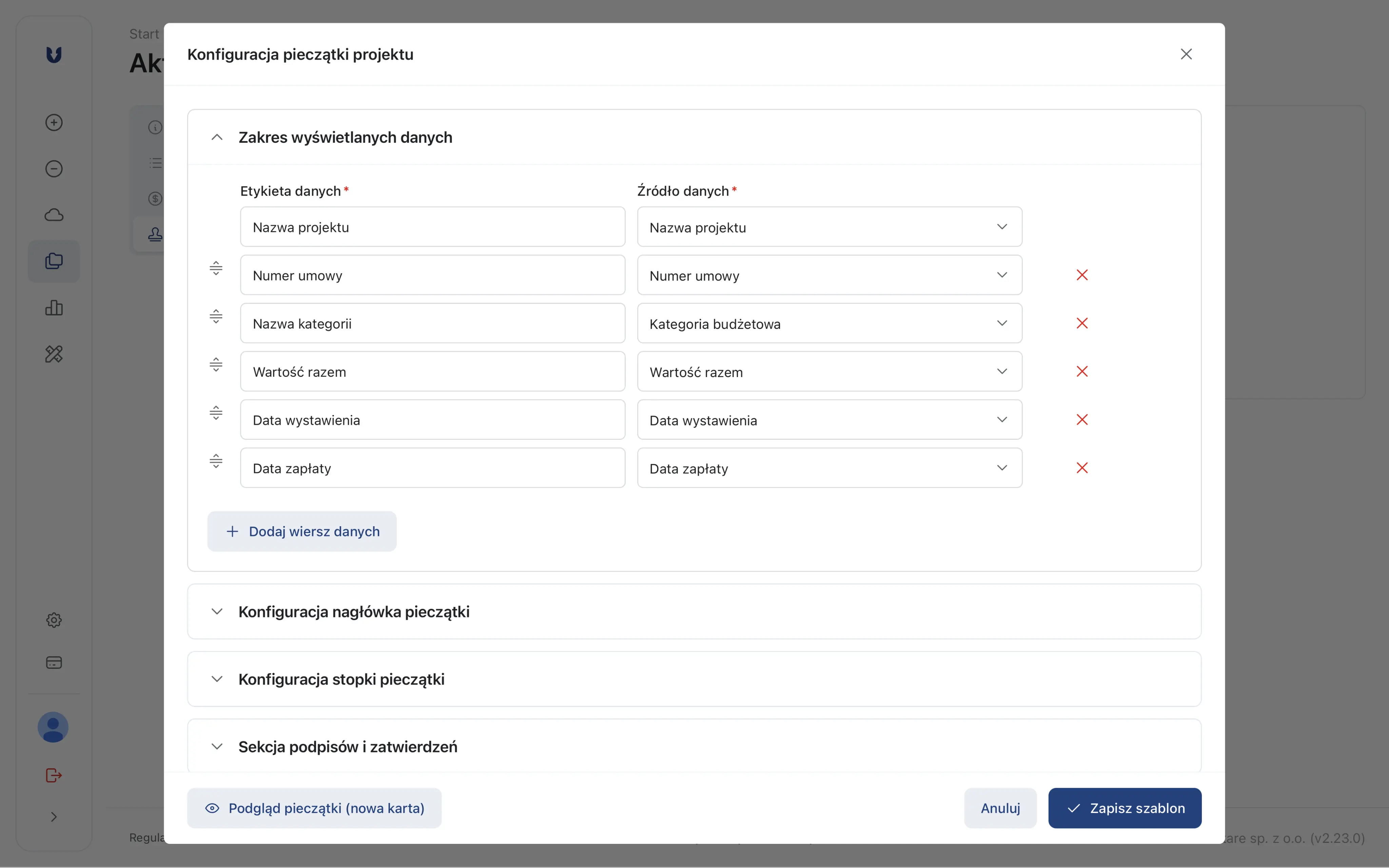 Formularz konfiguracji wzoru pieczątki