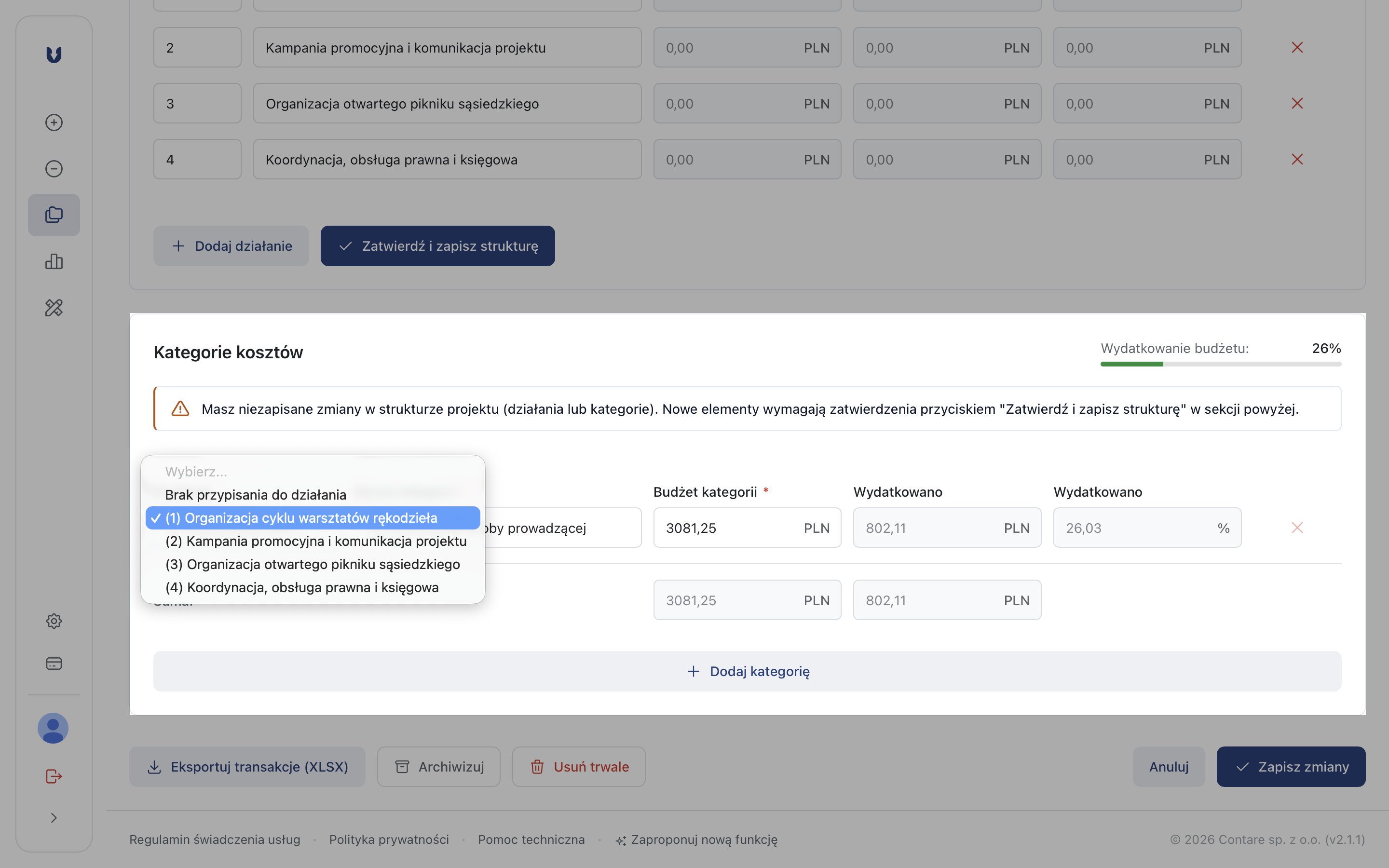 Wybór działania dla konkretnej kategorii budżetowej