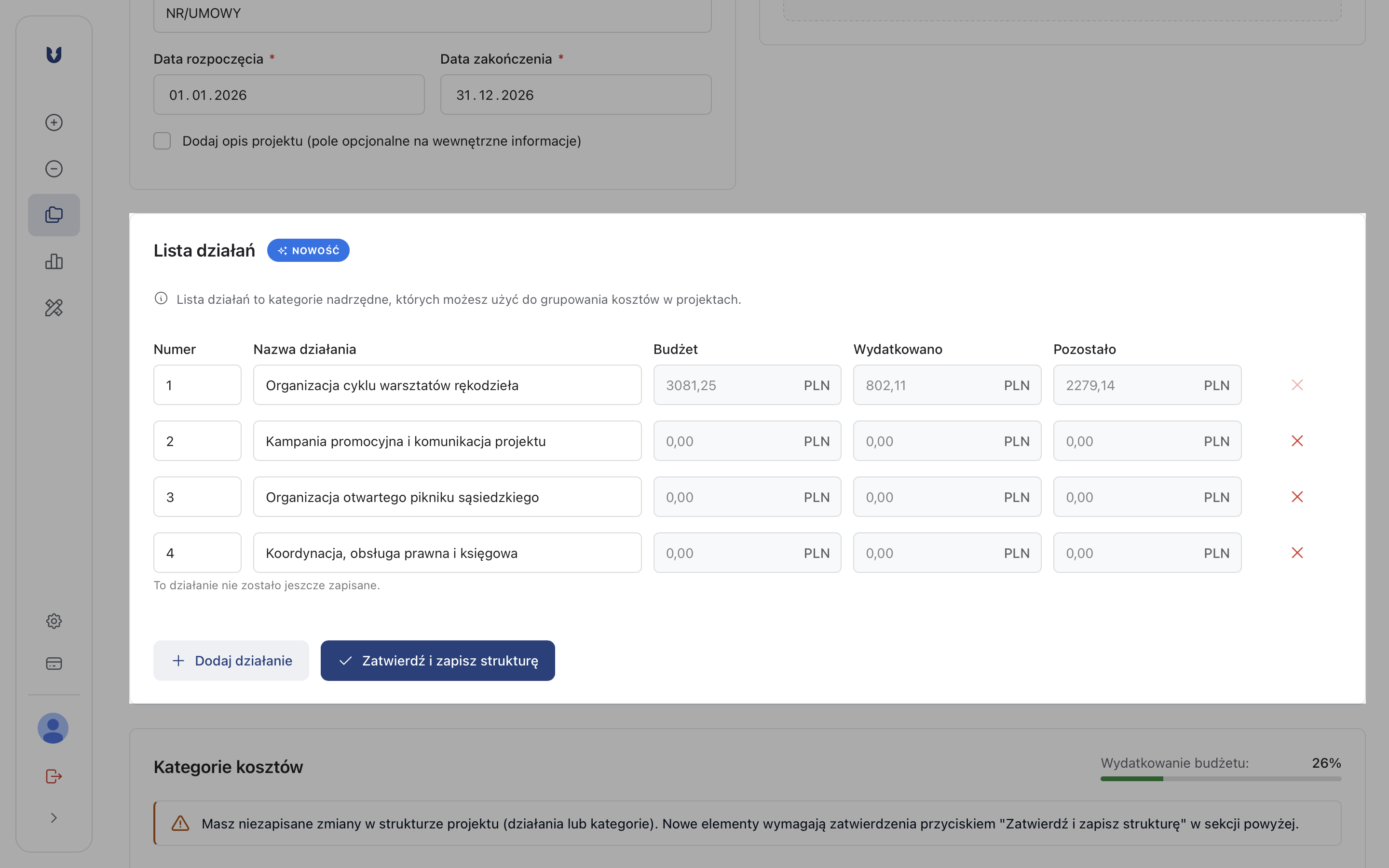 Widok definiowania działań w projekcie