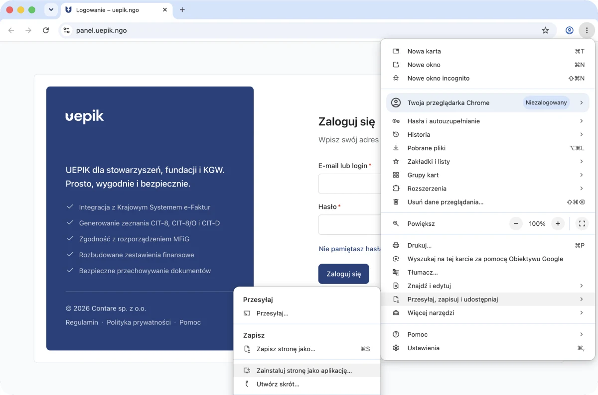 Menu Chrome z rozwiniętą pozycją Przesyłaj, zapisuj i udostępniaj oraz opcją Zainstaluj stronę jako aplikację