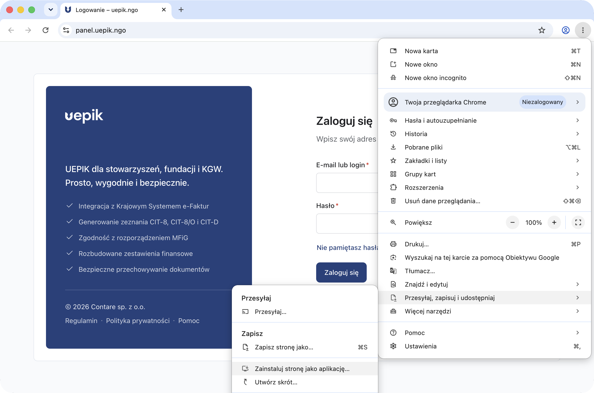 Menu Chrome z rozwiniętą pozycją Przesyłaj, zapisuj i udostępniaj oraz opcją Zainstaluj stronę jako aplikację