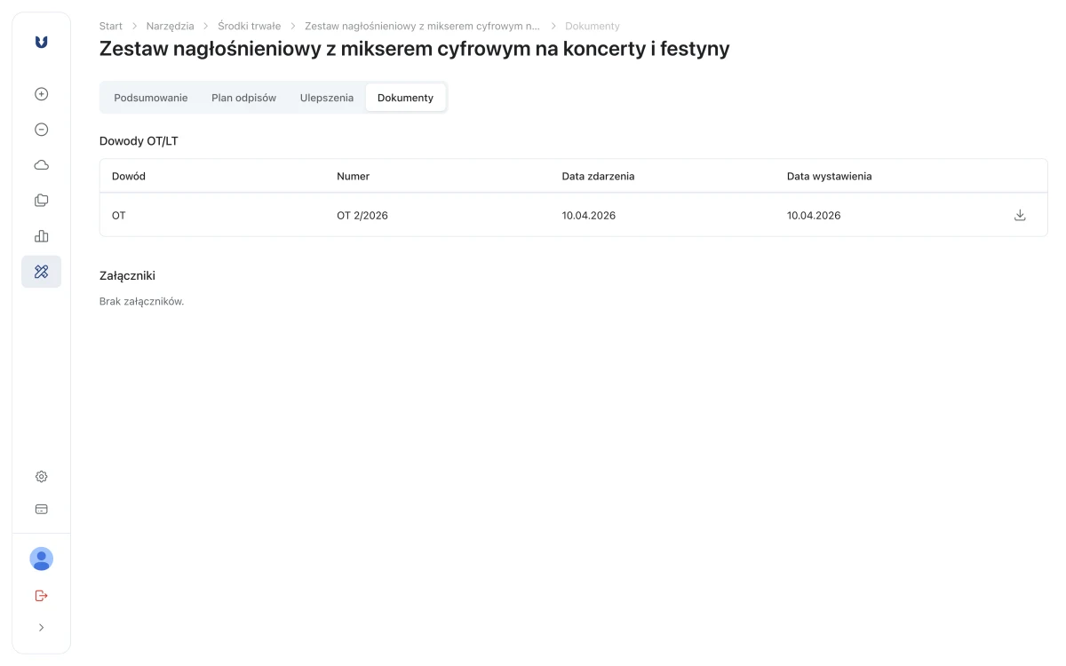 Zakładka Dokumenty karty składnika z dowodem OT 2/2026 i przyciskiem pobrania PDF