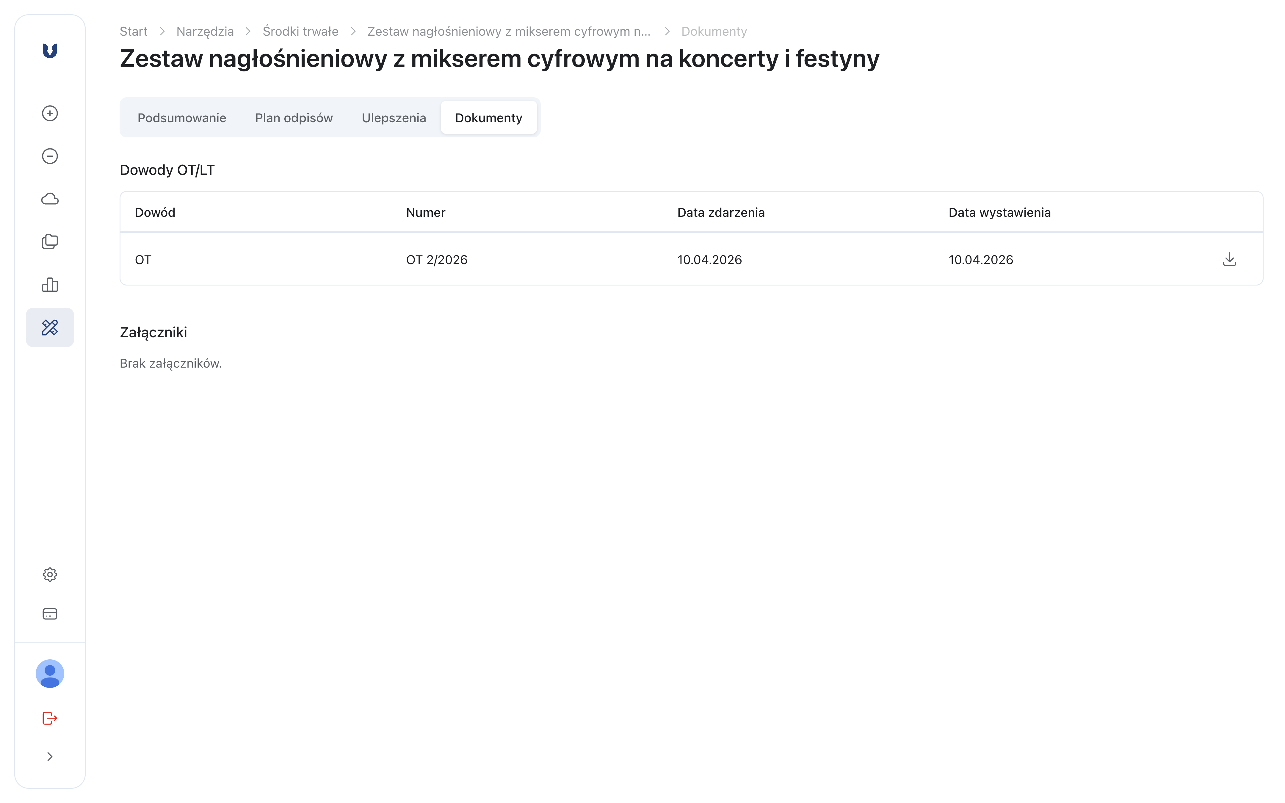 Zakładka Dokumenty karty składnika z dowodem OT 2/2026 i przyciskiem pobrania PDF