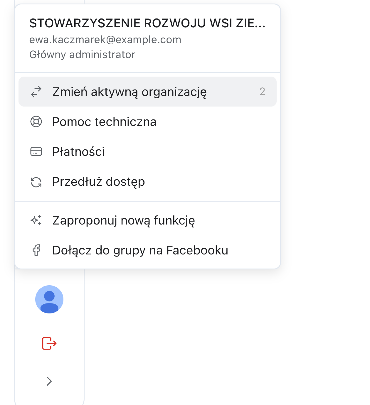 Menu konta pod awatarem z nazwą organizacji, adresem e-mail, rolą i pozycją Zmień aktywną organizację z liczbą 2
