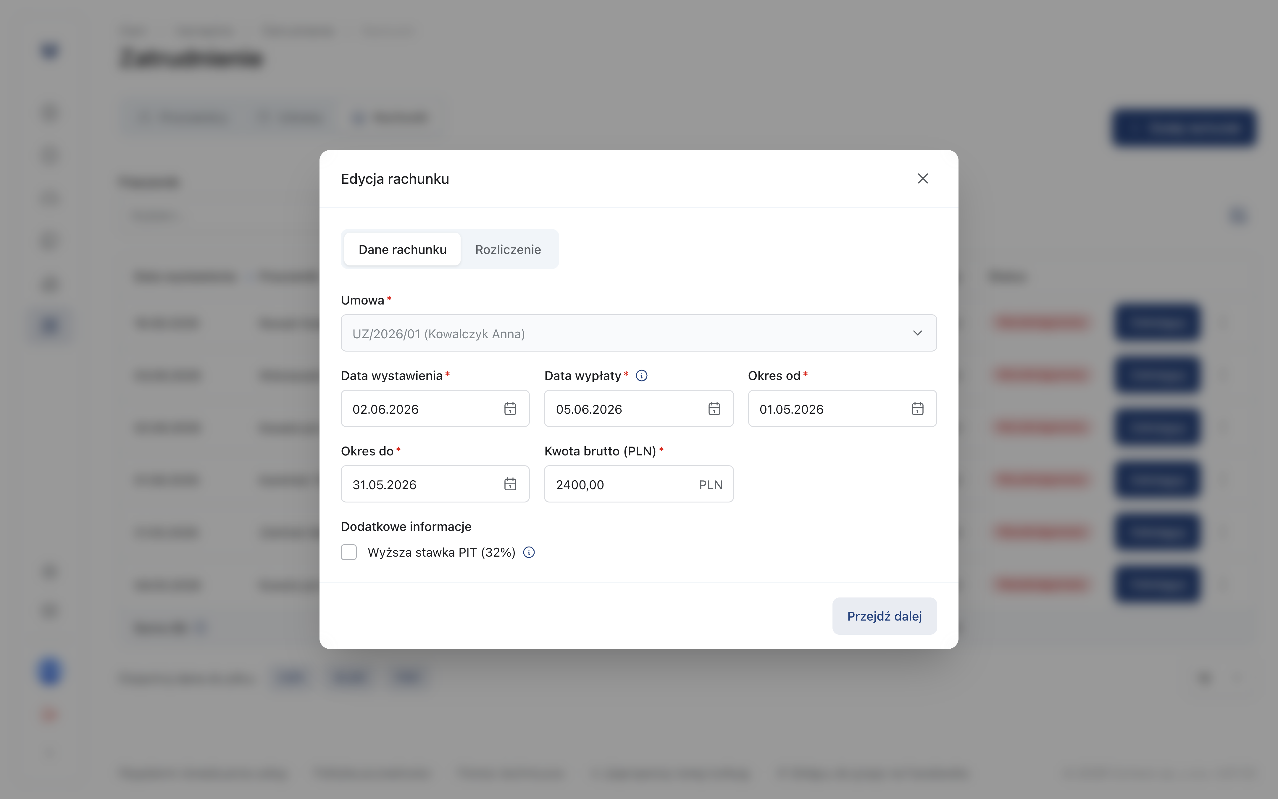 Formularz danych rachunku – umowa, okres, kwota i daty