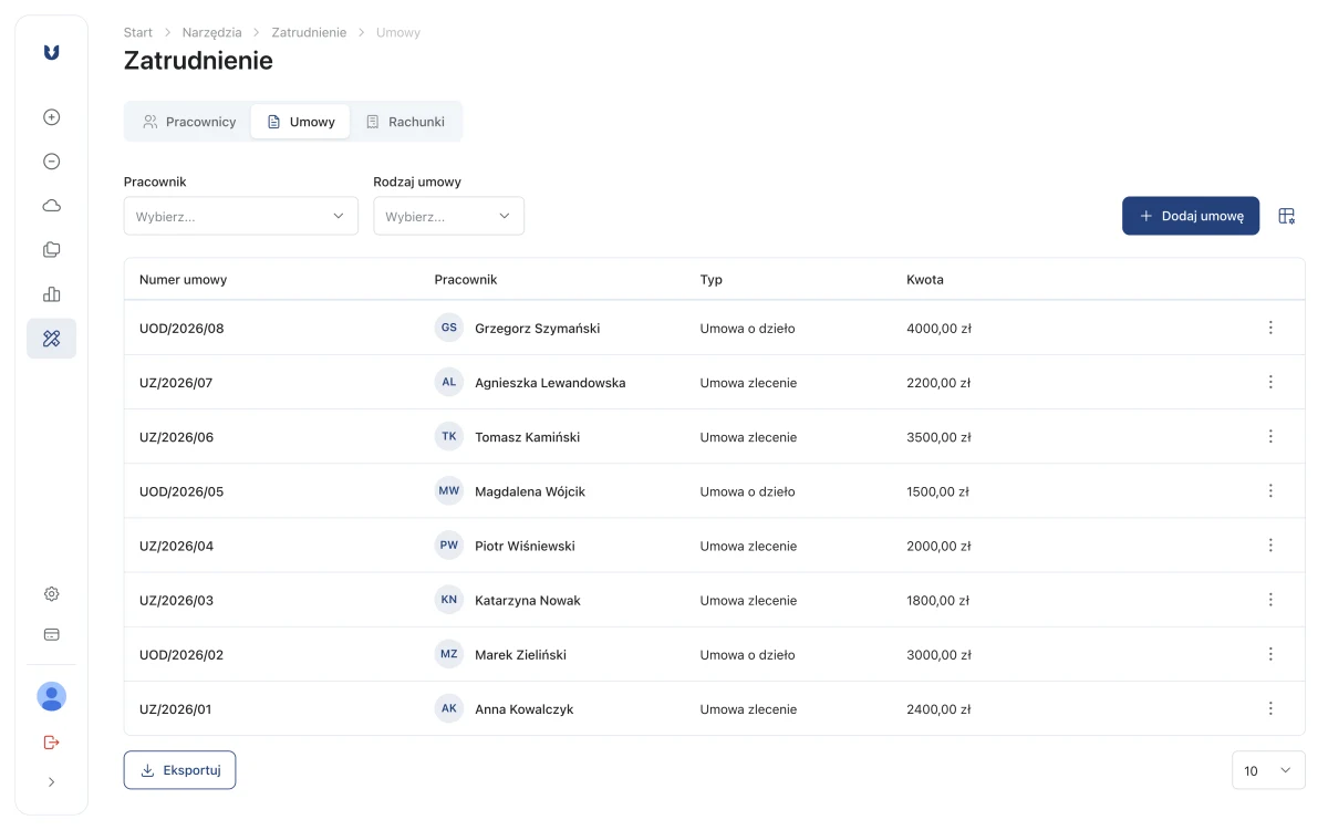 Lista umów cywilnoprawnych w module Zatrudnienie