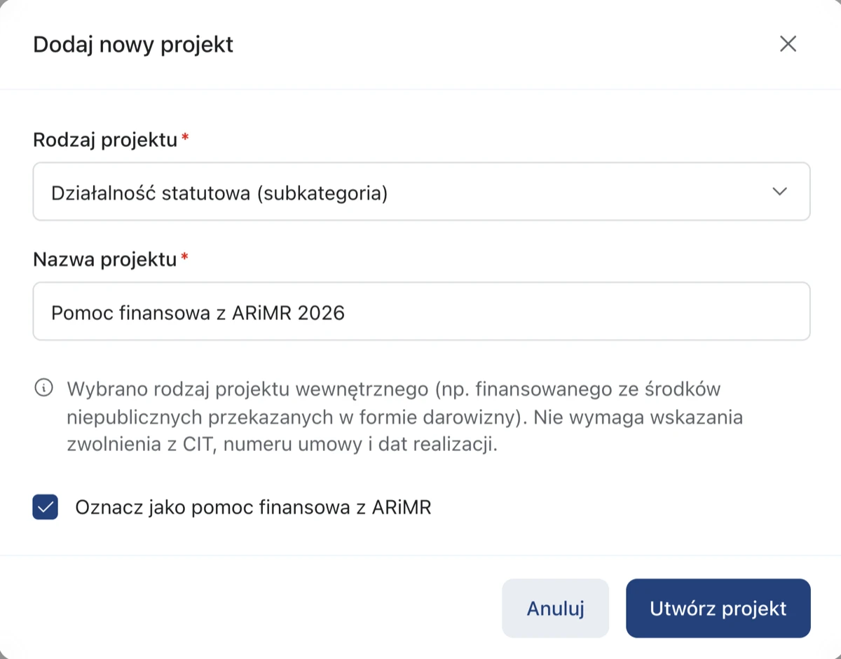 Okno Dodaj nowy projekt z zaznaczoną opcją Oznacz jako pomoc finansowa z ARiMR