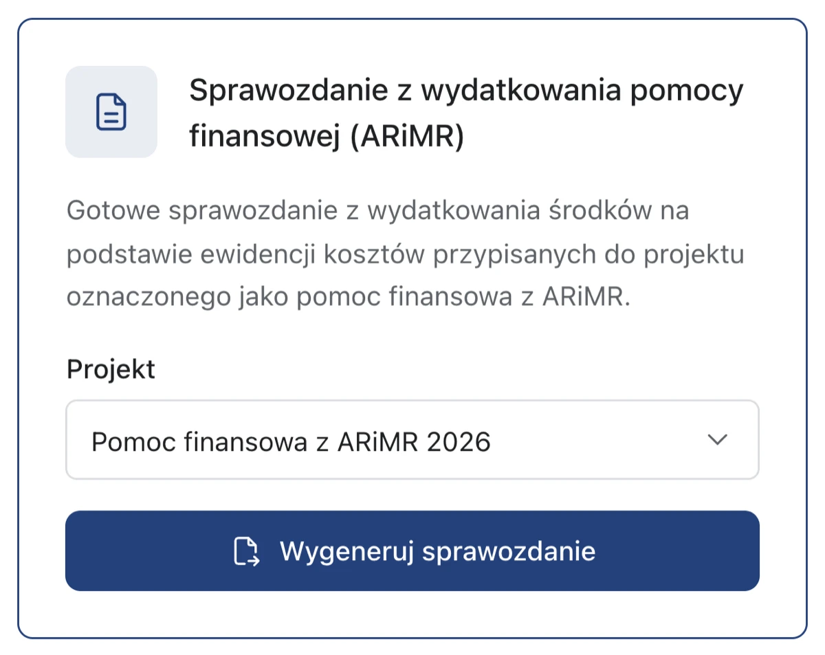 Kafelek Sprawozdanie z wydatkowania pomocy finansowej (ARiMR) z przyciskiem Wygeneruj sprawozdanie
