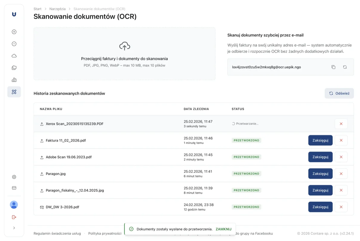 Lista dokumentów odczytanych przez OCR w aplikacji uepik.ngo