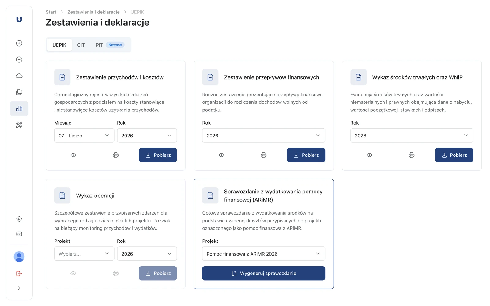 Zakładka Zestawienia i deklaracje z kafelkiem Sprawozdanie z wydatkowania pomocy finansowej (ARiMR)