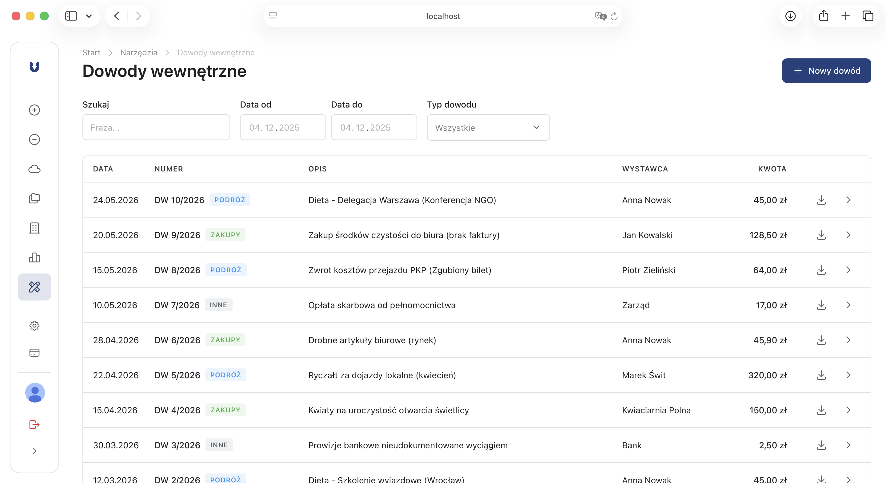 Narzędzia – główny ekran modułu