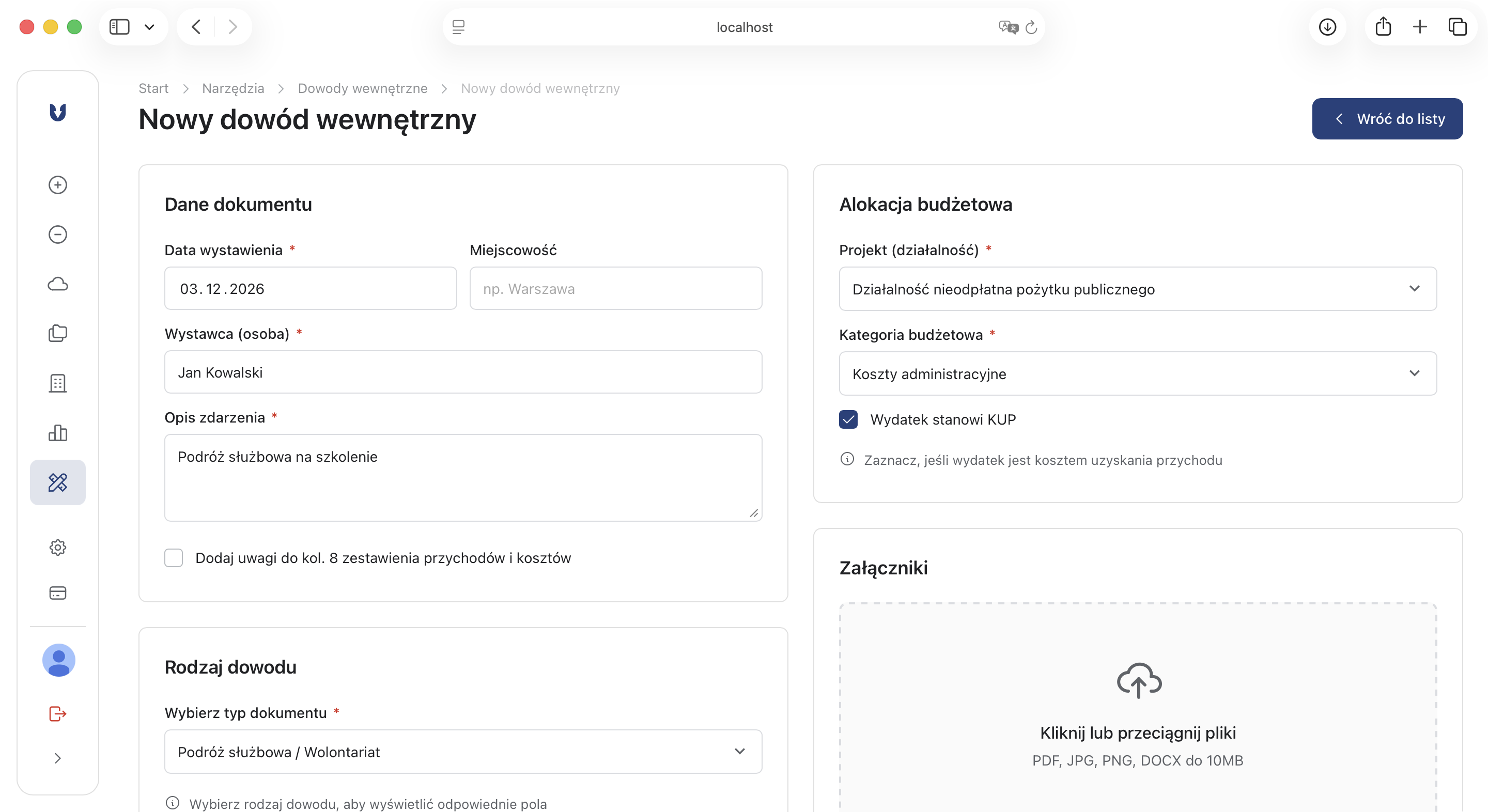 Formularz generowania dowodu wewnętrznego